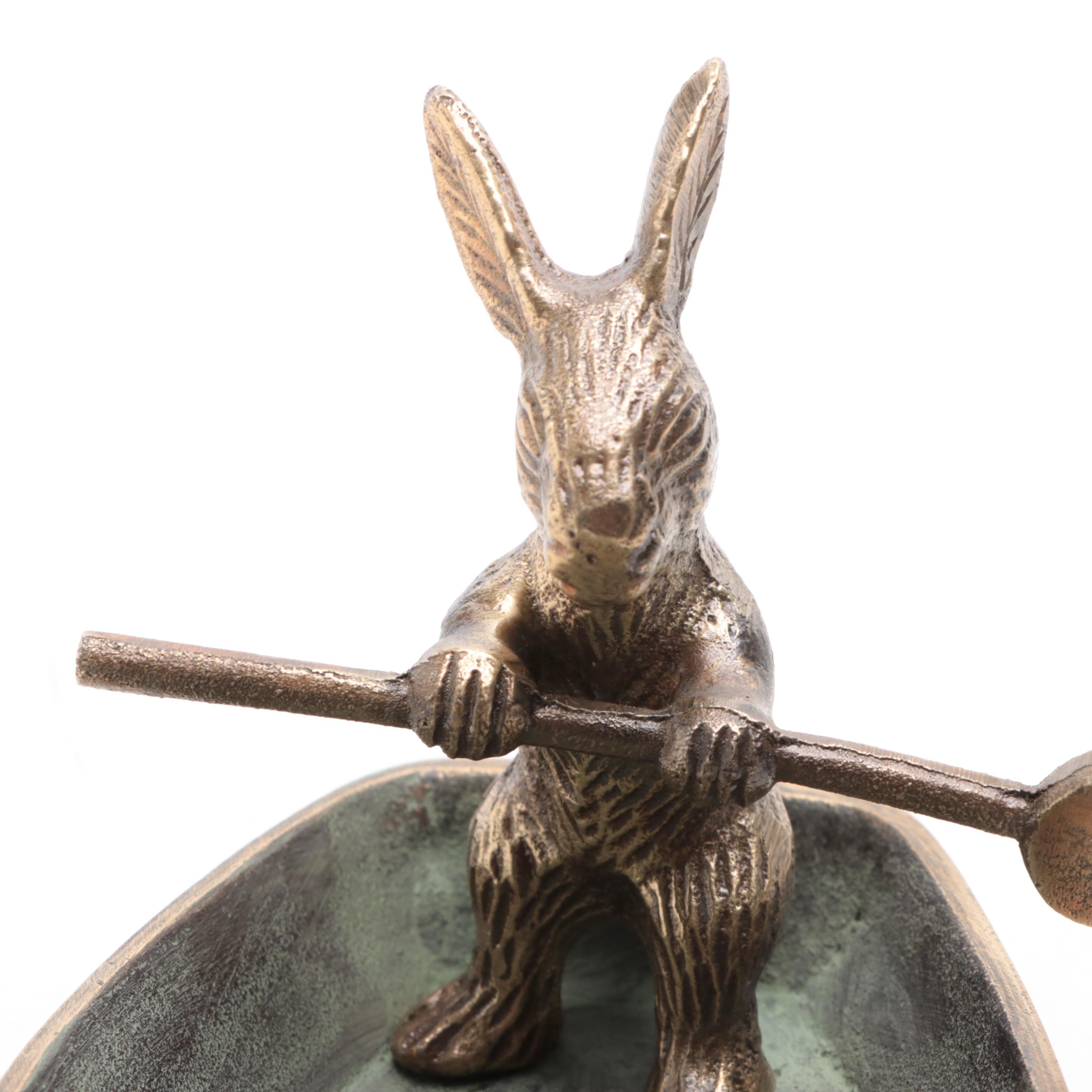 Patinated Cast Brass Bunny in Rowboat Trinket Dish