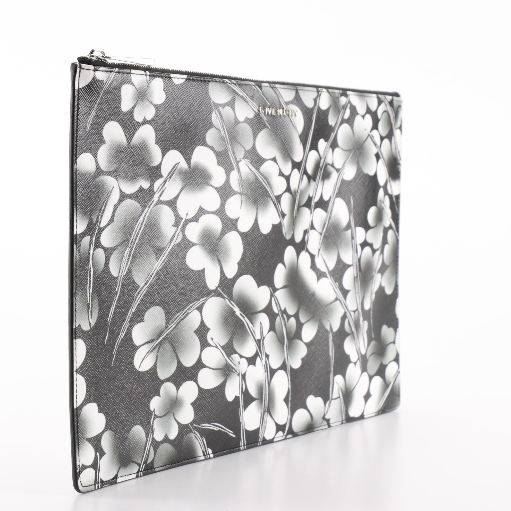 Givenchy Large Floral Zip Clutch Pouch in Saffiano Leather with Box
