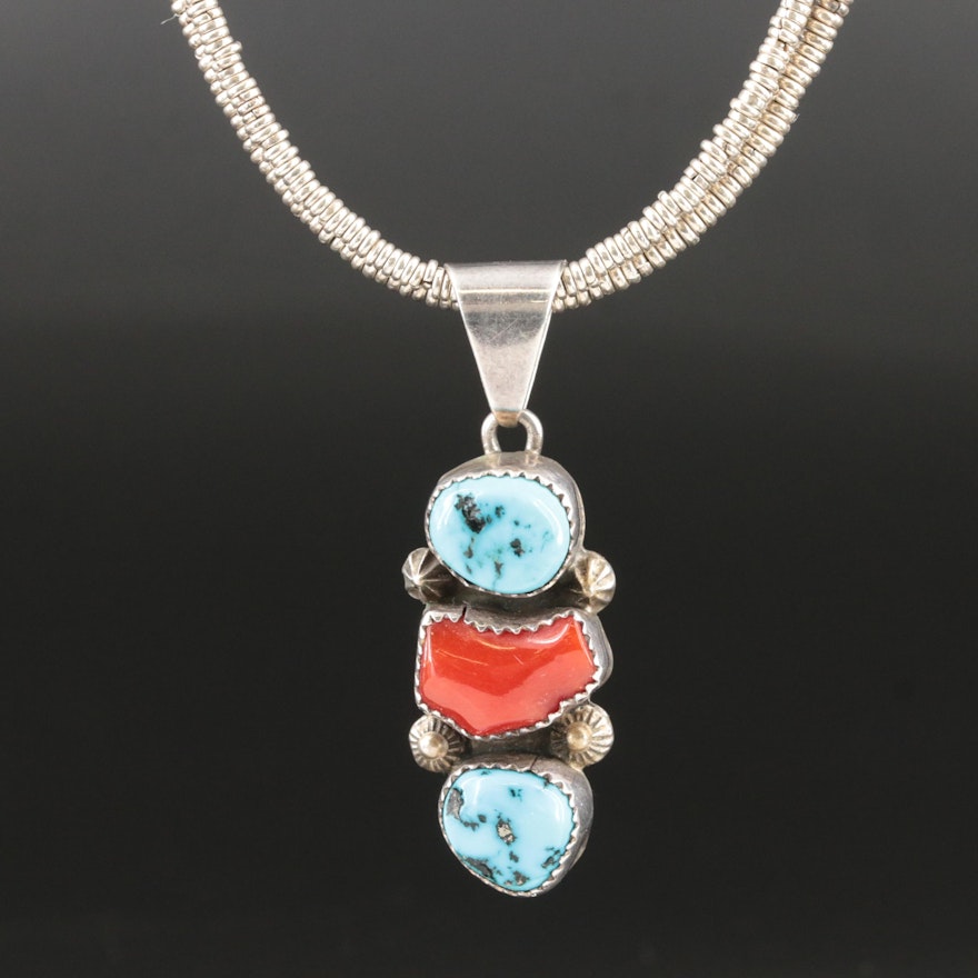 Southwestern Sterling Turquoise and Coral Pendant Necklace