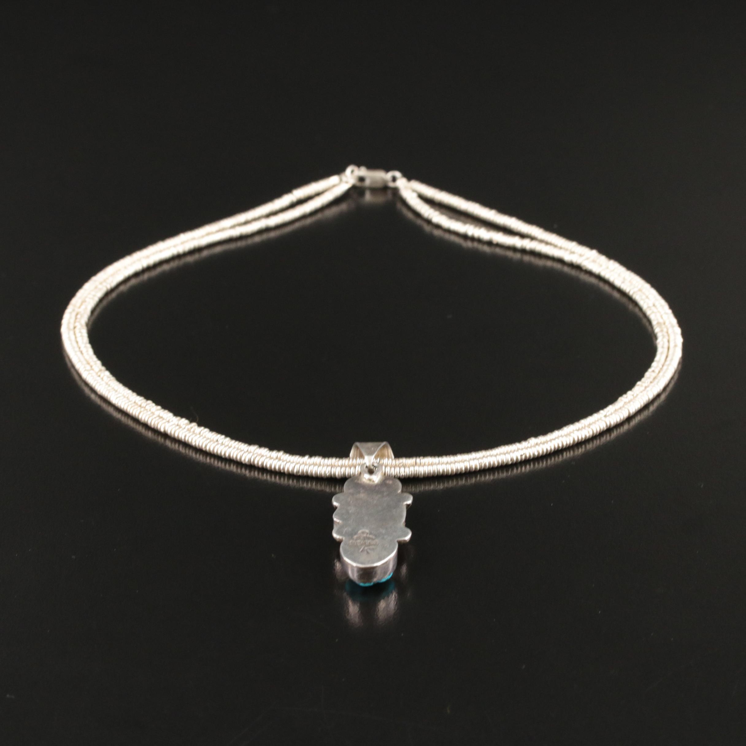 Southwestern Sterling Turquoise and Coral Pendant Necklace