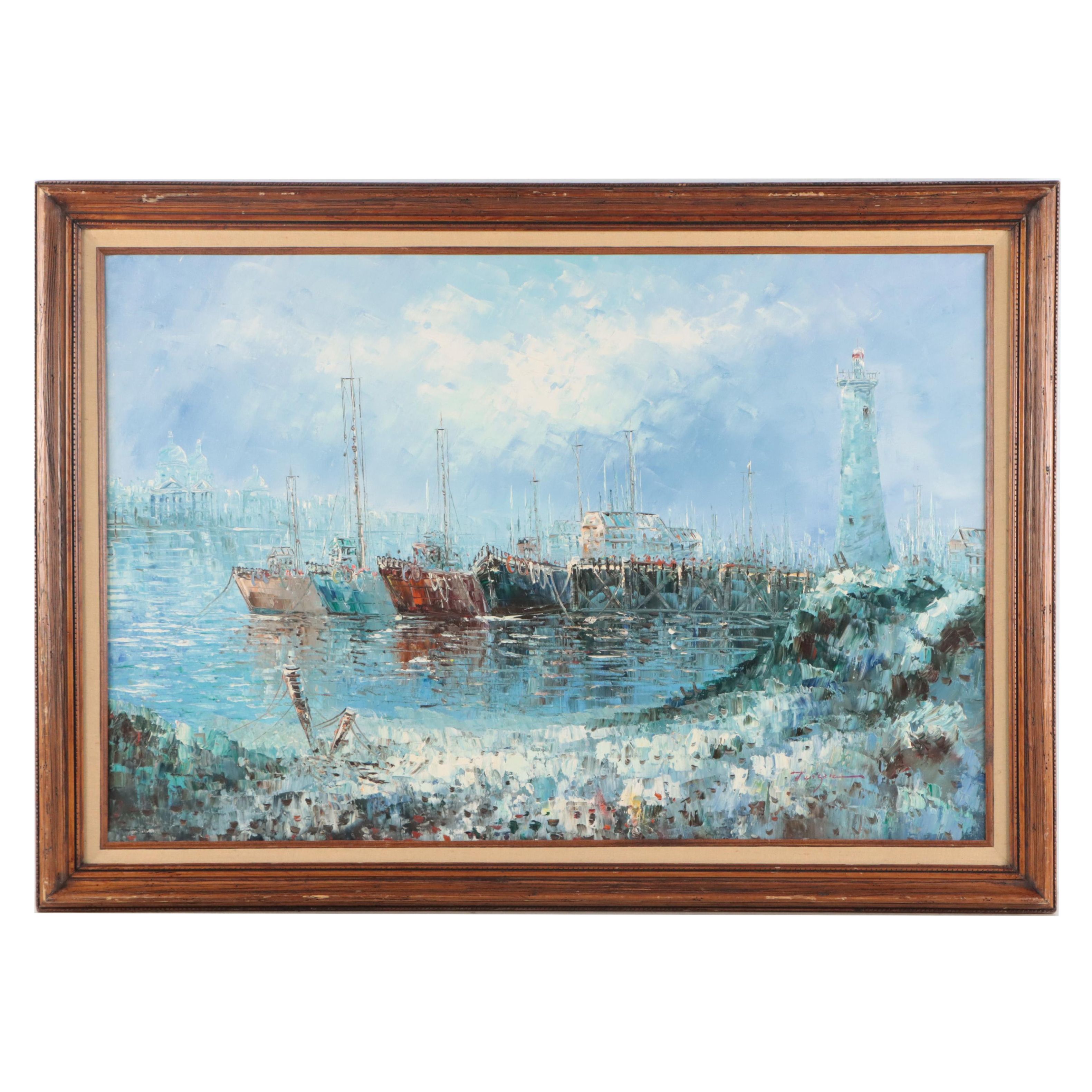 Harbor Scene Oil Painting, Circa 1960