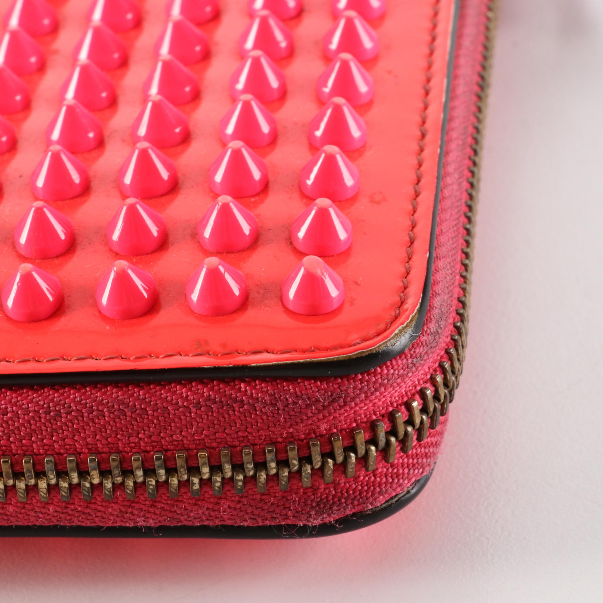 Christian Louboutin Studded Panettone Wallet in Fluorescent Pink Patent Leather