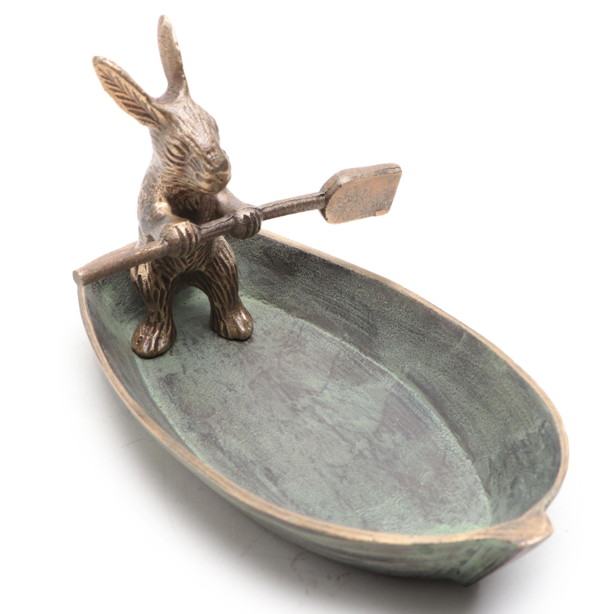 Patinated Cast Brass Bunny in Rowboat Trinket Dish