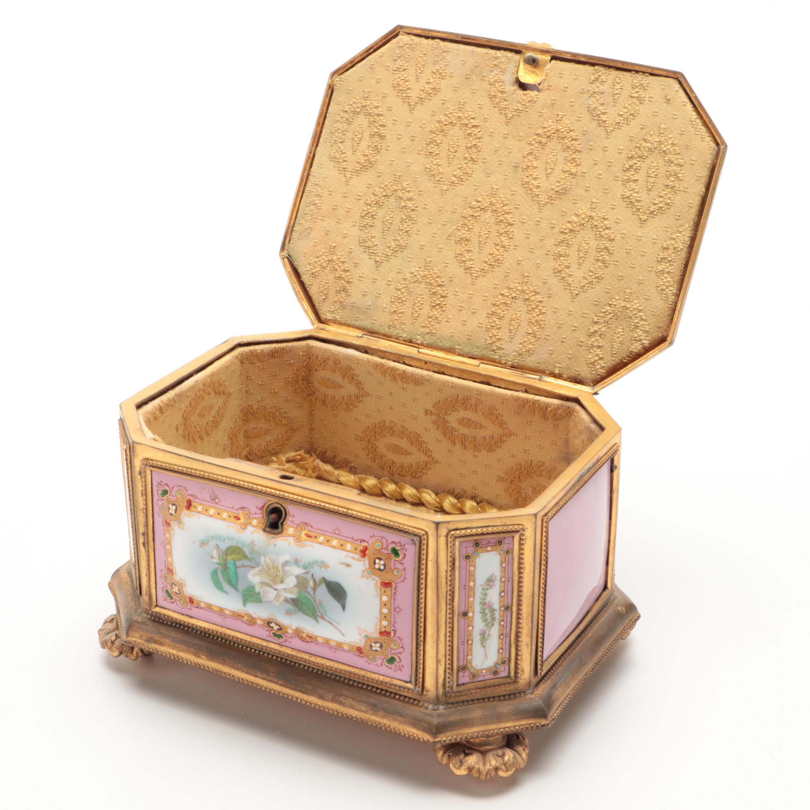 French Sèvres Style Fond Rose Porcelain Ormolu Mounted Jewel Casket, 19th C.