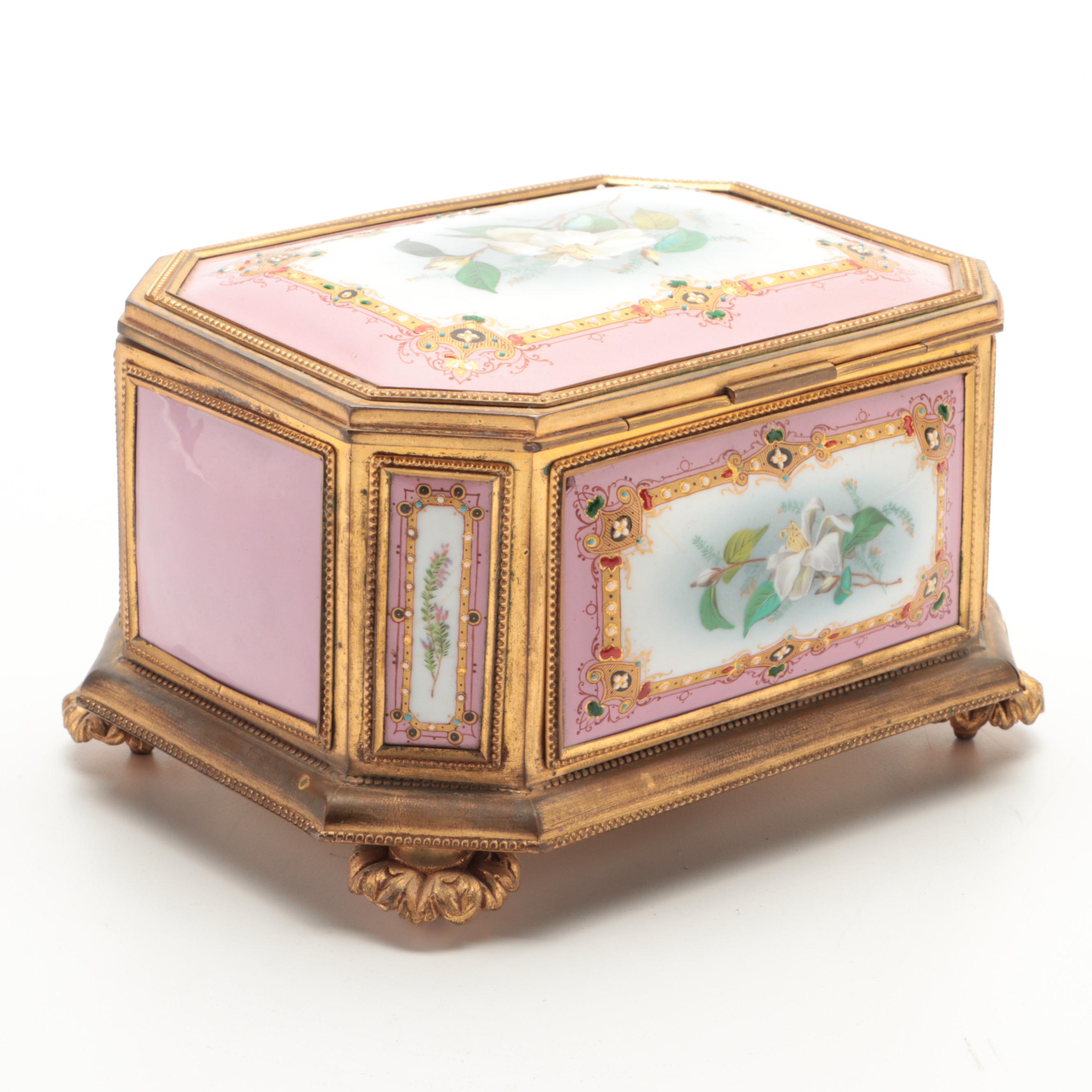 French Sèvres Style Fond Rose Porcelain Ormolu Mounted Jewel Casket, 19th C.