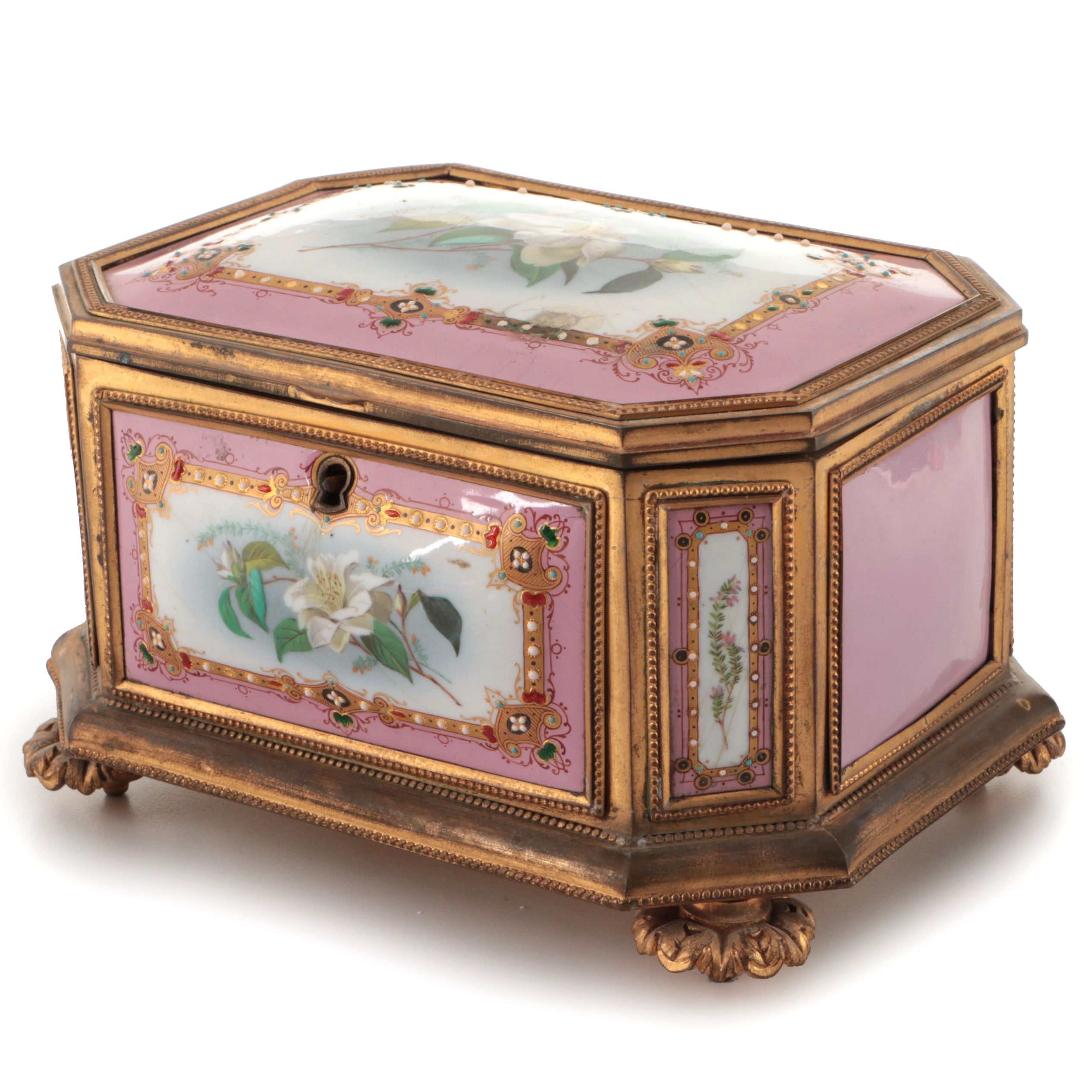 French Sèvres Style Fond Rose Porcelain Ormolu Mounted Jewel Casket, 19th C.