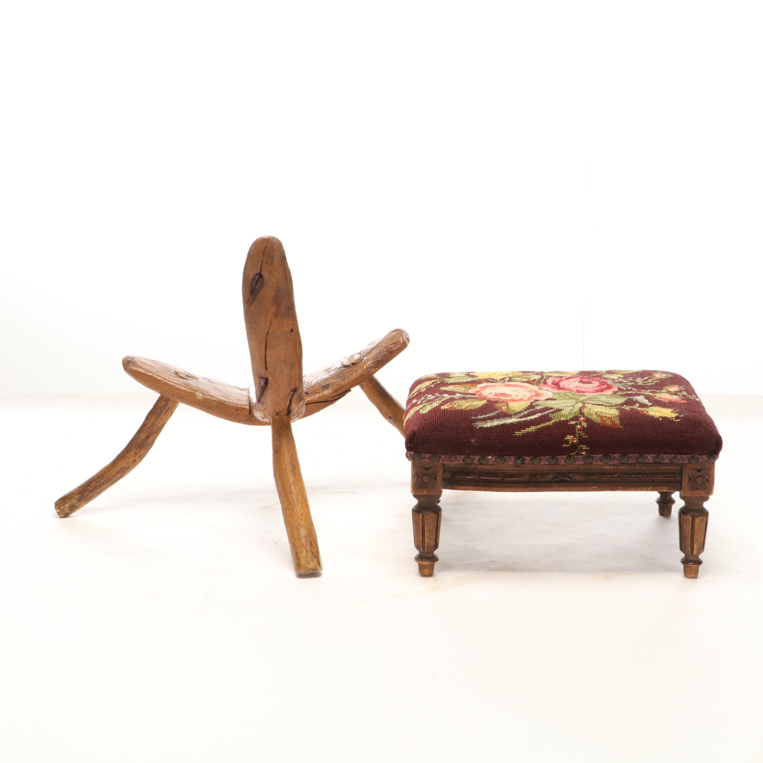 Bench-Made Wooden Tripod Chair with Louis XVI Style Needlepoint Footstool