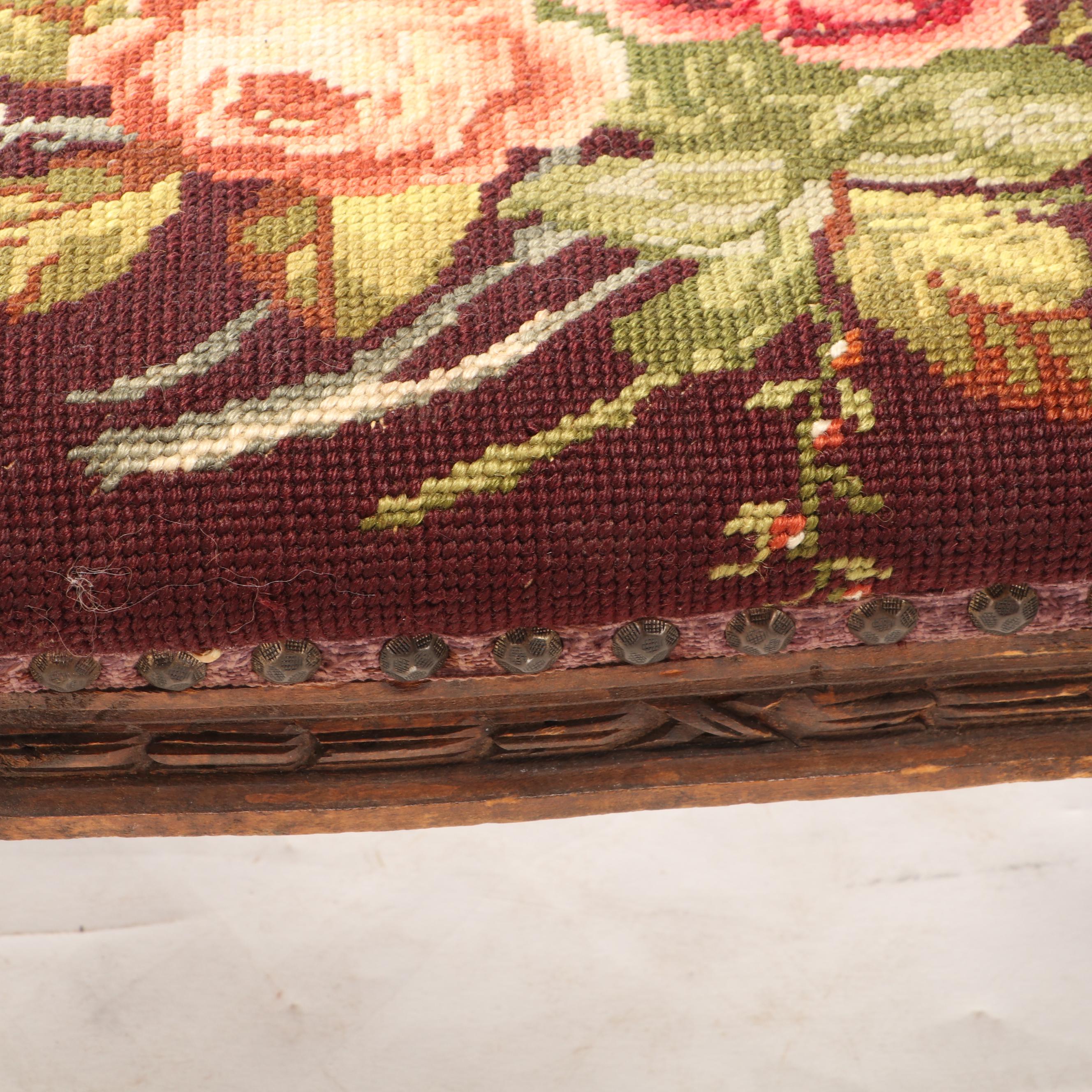 Bench-Made Wooden Tripod Chair with Louis XVI Style Needlepoint Footstool