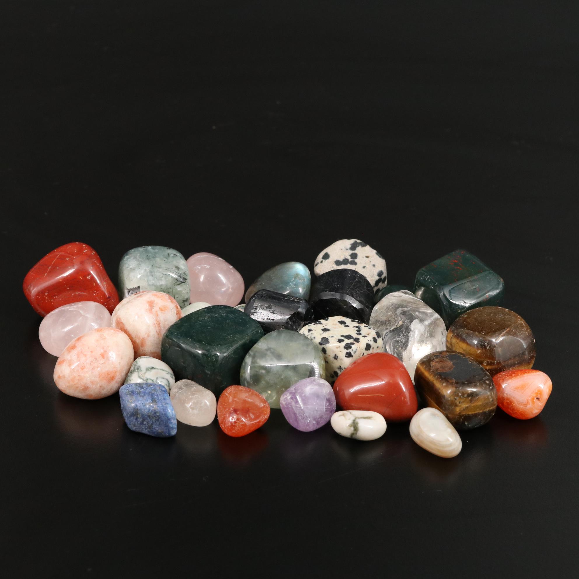 Polished Dalmation Jasper, Tiger's Eye, and Rose Quartz Lot