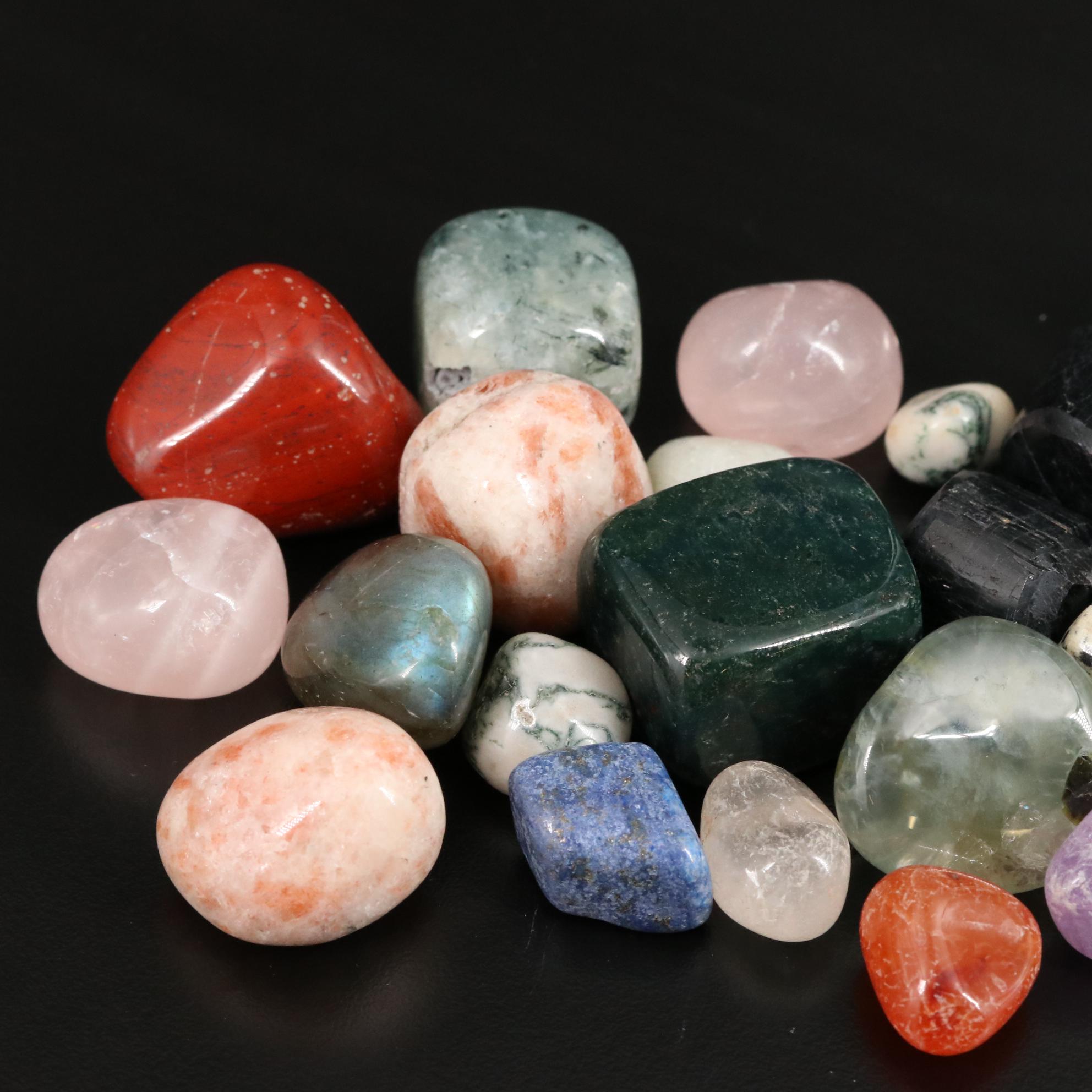 Polished Dalmation Jasper, Tiger's Eye, and Rose Quartz Lot