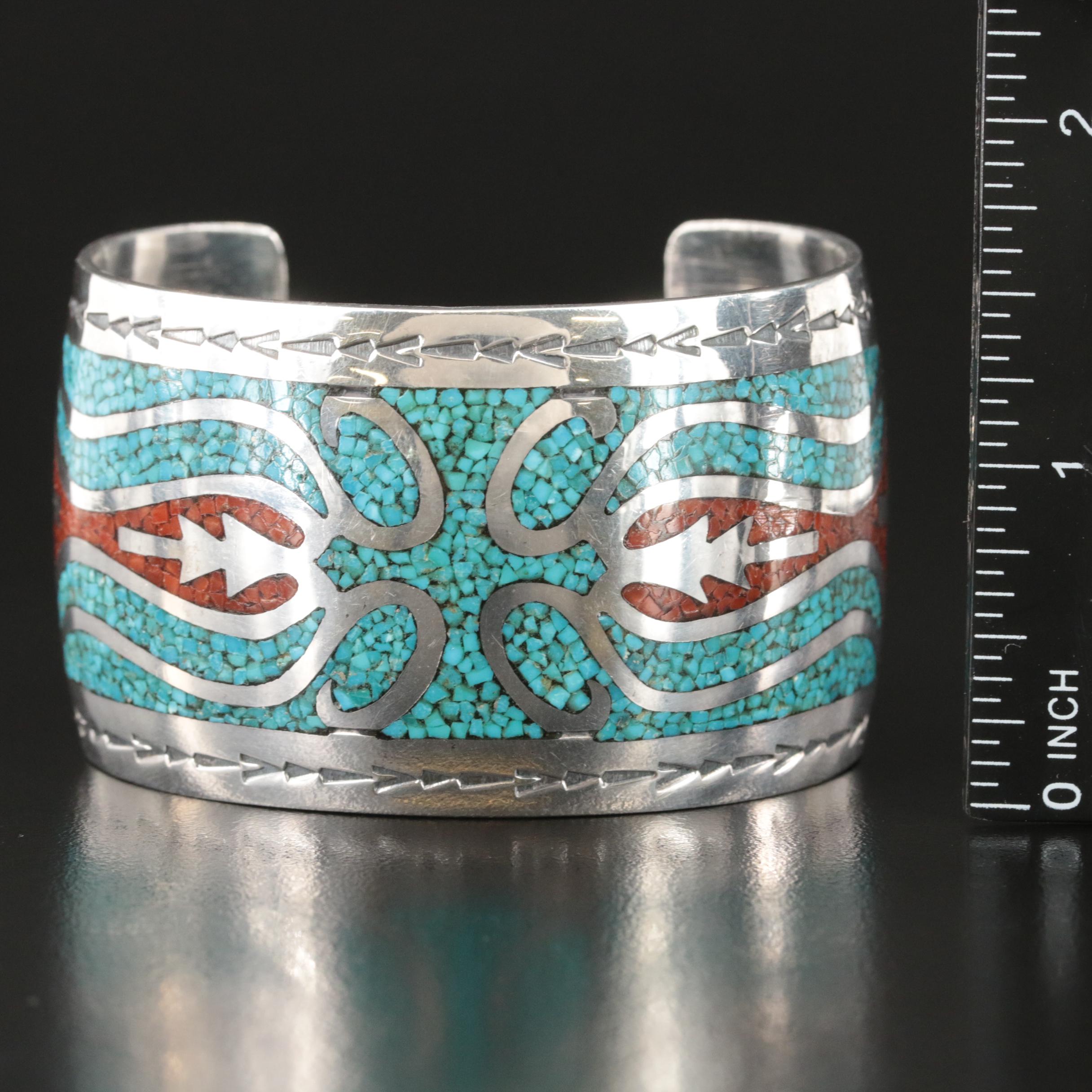 Signed Southwestern Sterling Mosaic Inlay Cuffs