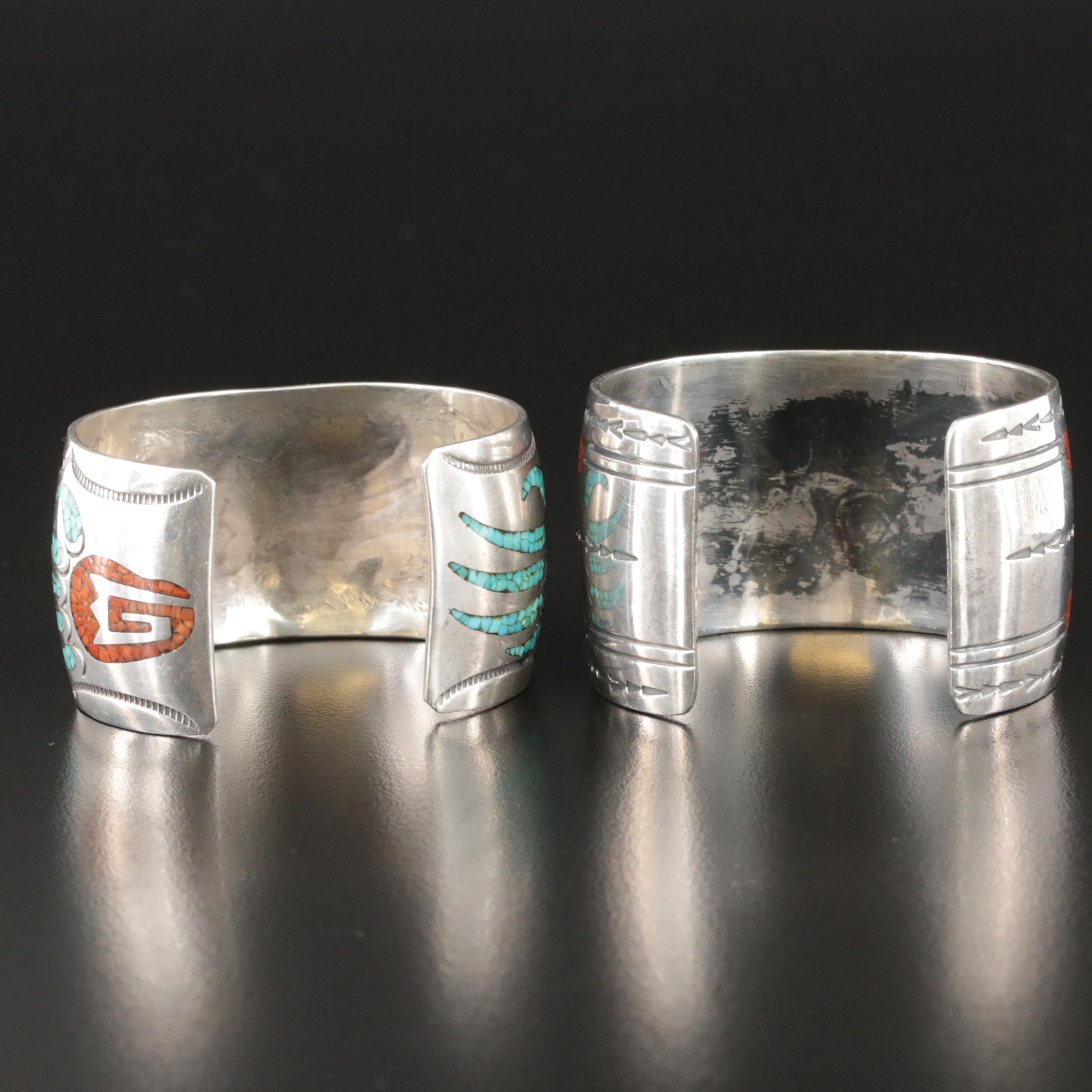 Signed Southwestern Sterling Mosaic Inlay Cuffs