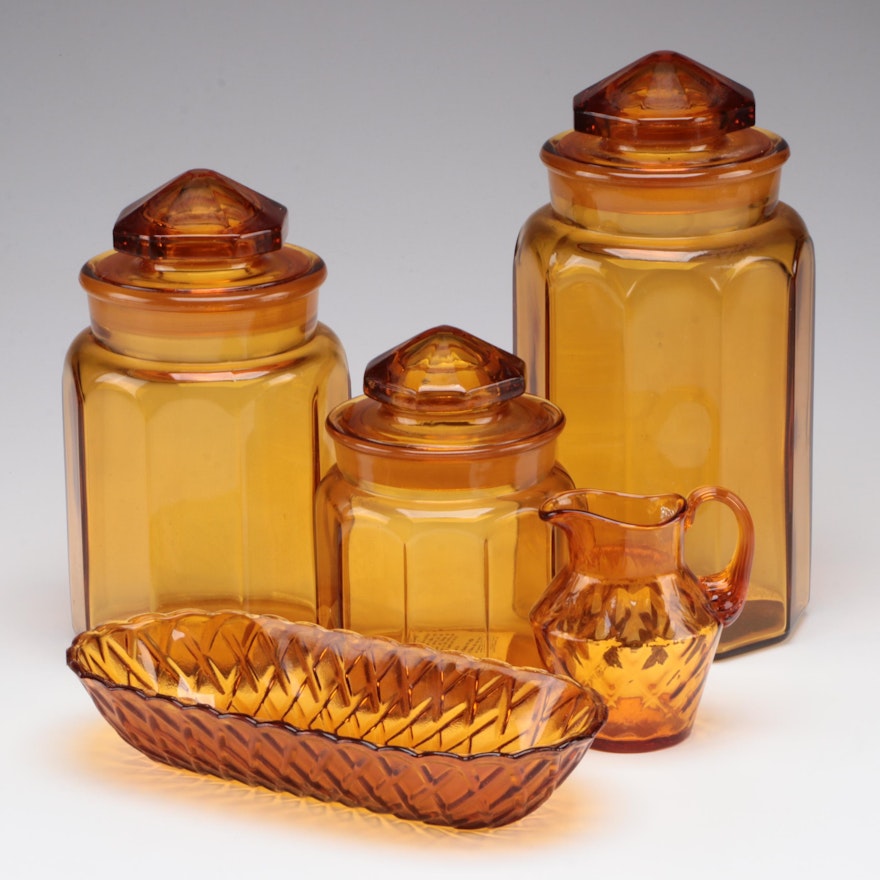 L. E. Smith Amber Glass Graduated Canisters and Other Tableware