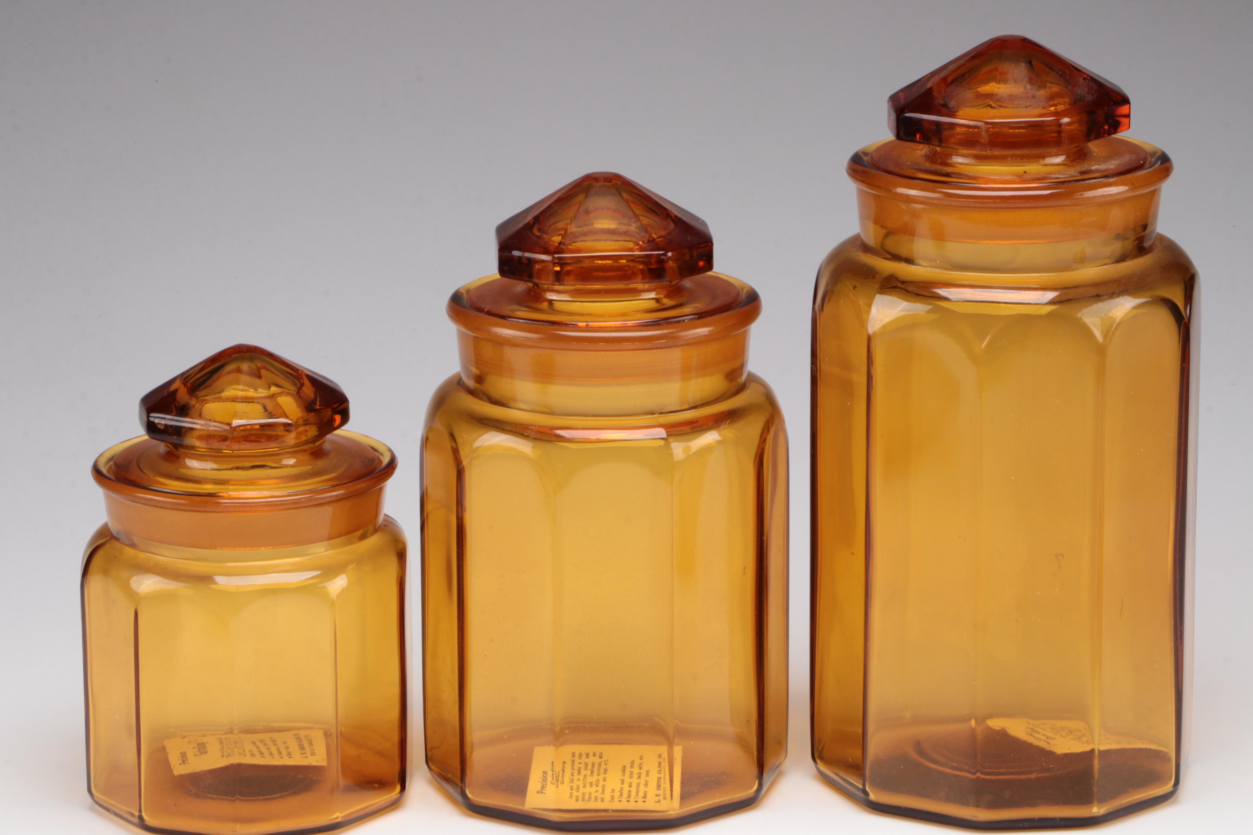 L. E. Smith Amber Glass Graduated Canisters and Other Tableware