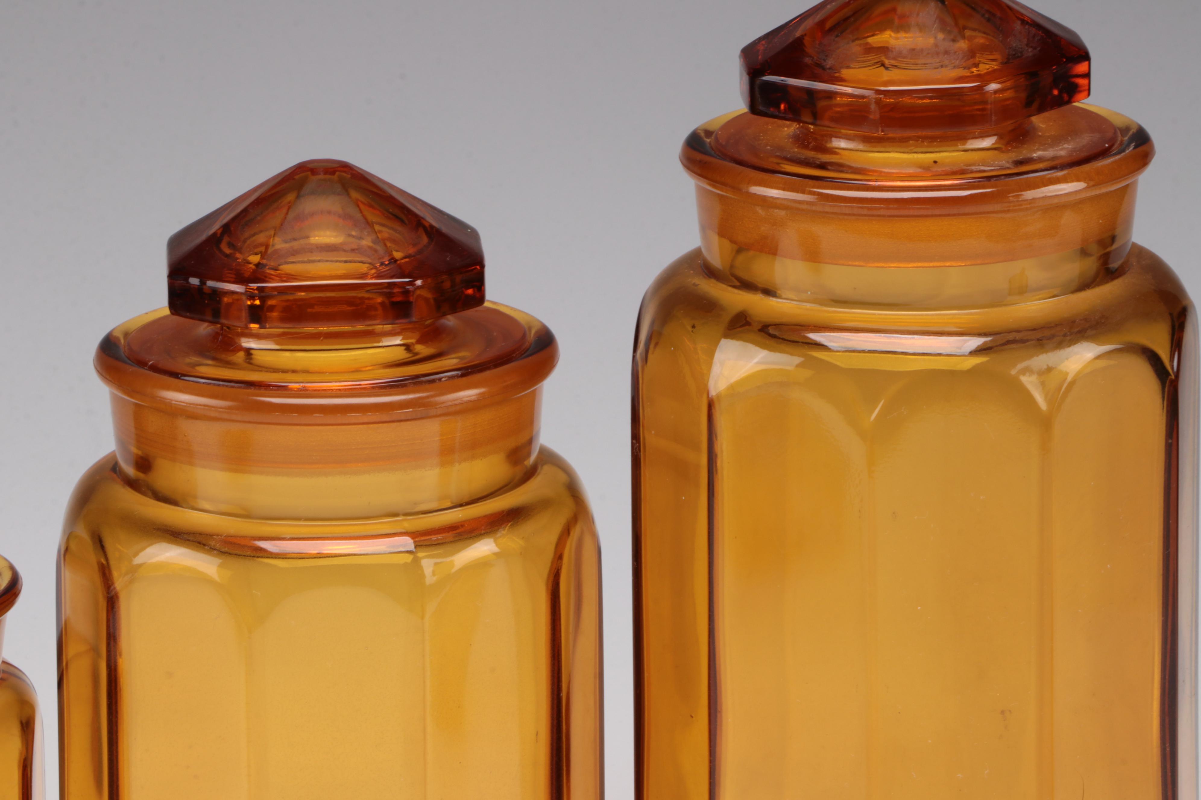 L. E. Smith Amber Glass Graduated Canisters and Other Tableware