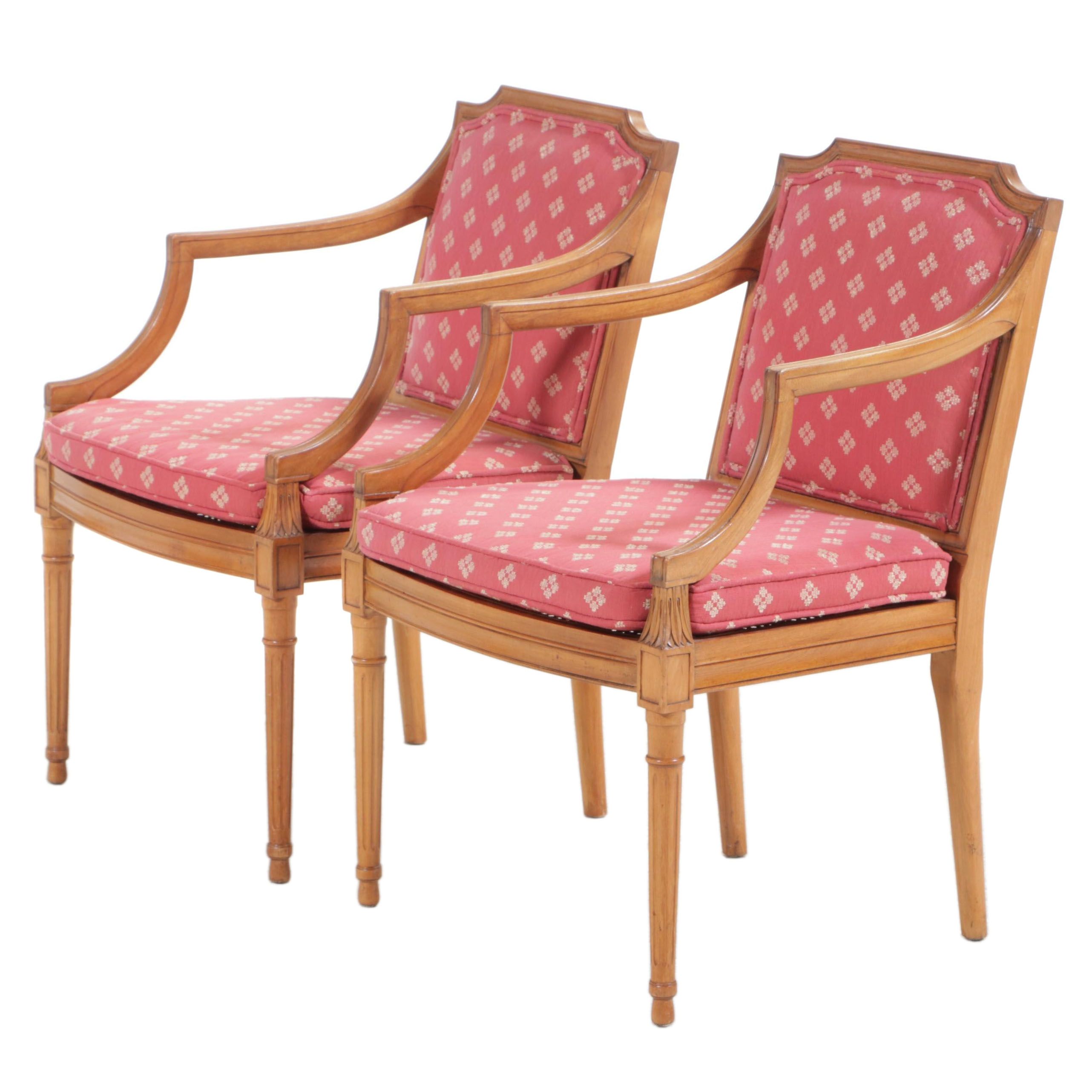 Pair of Louis XVI Style Fruitwood-Stained, Custom-Upholstered, & Caned Fauteuils