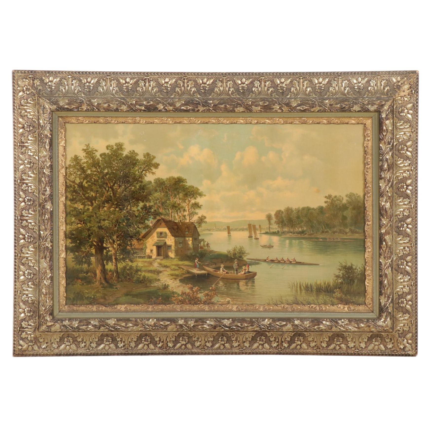 Riverside Landscape Color Lithograph, Early 20th Century