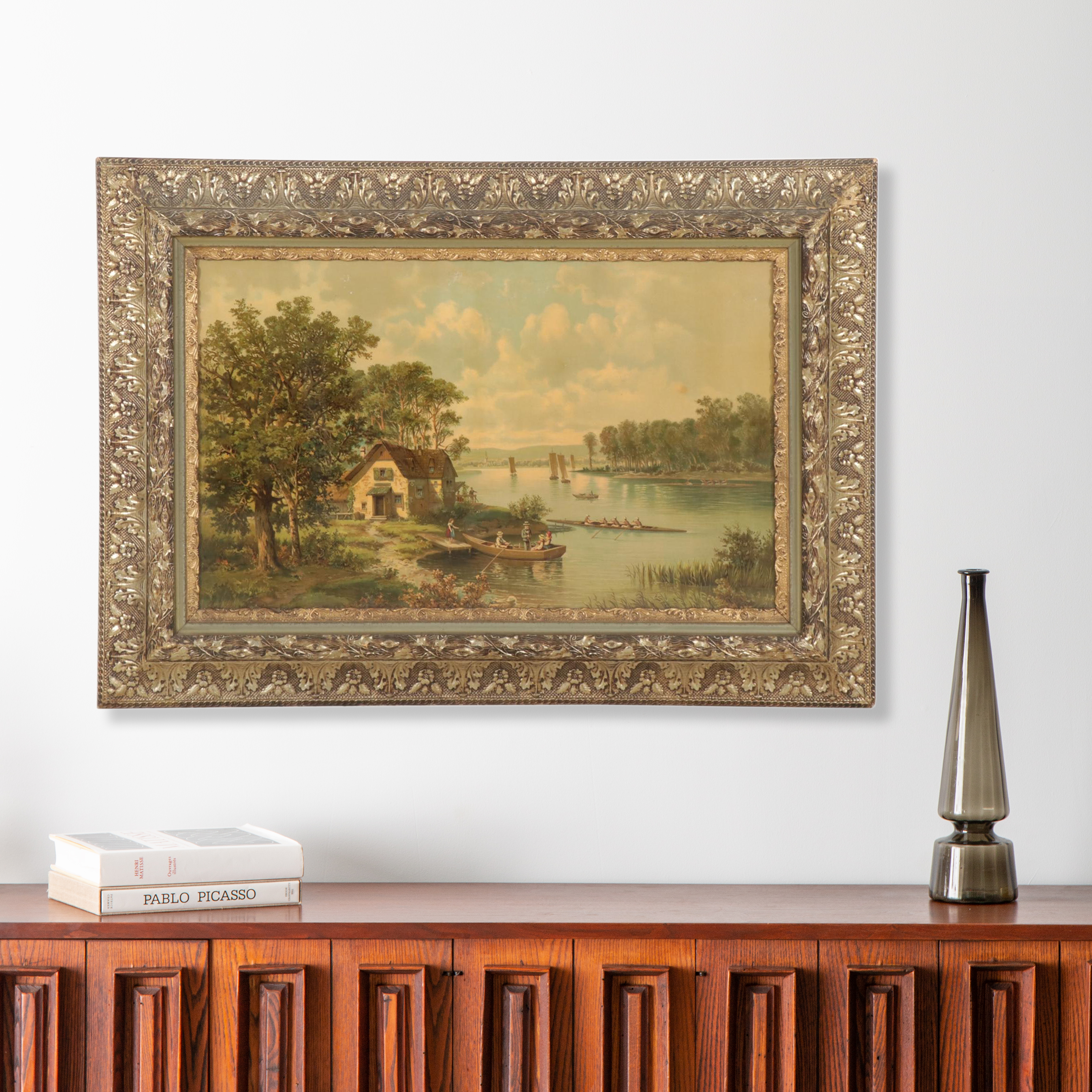 Riverside Landscape Color Lithograph, Early 20th Century