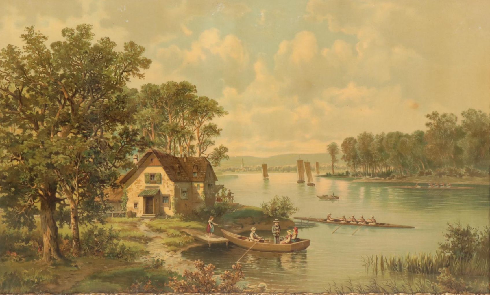 Riverside Landscape Color Lithograph, Early 20th Century