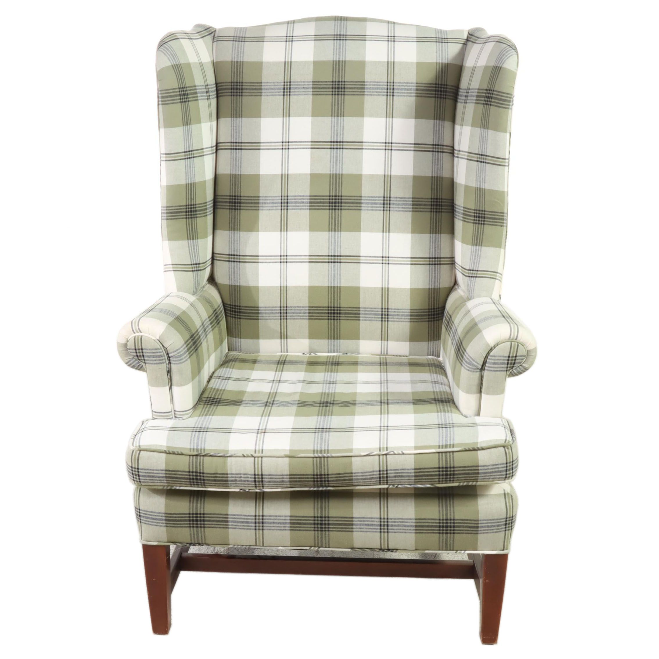 Consider H. Willett Federal Style Plaid Wingback Armchair, Late 20th Century
