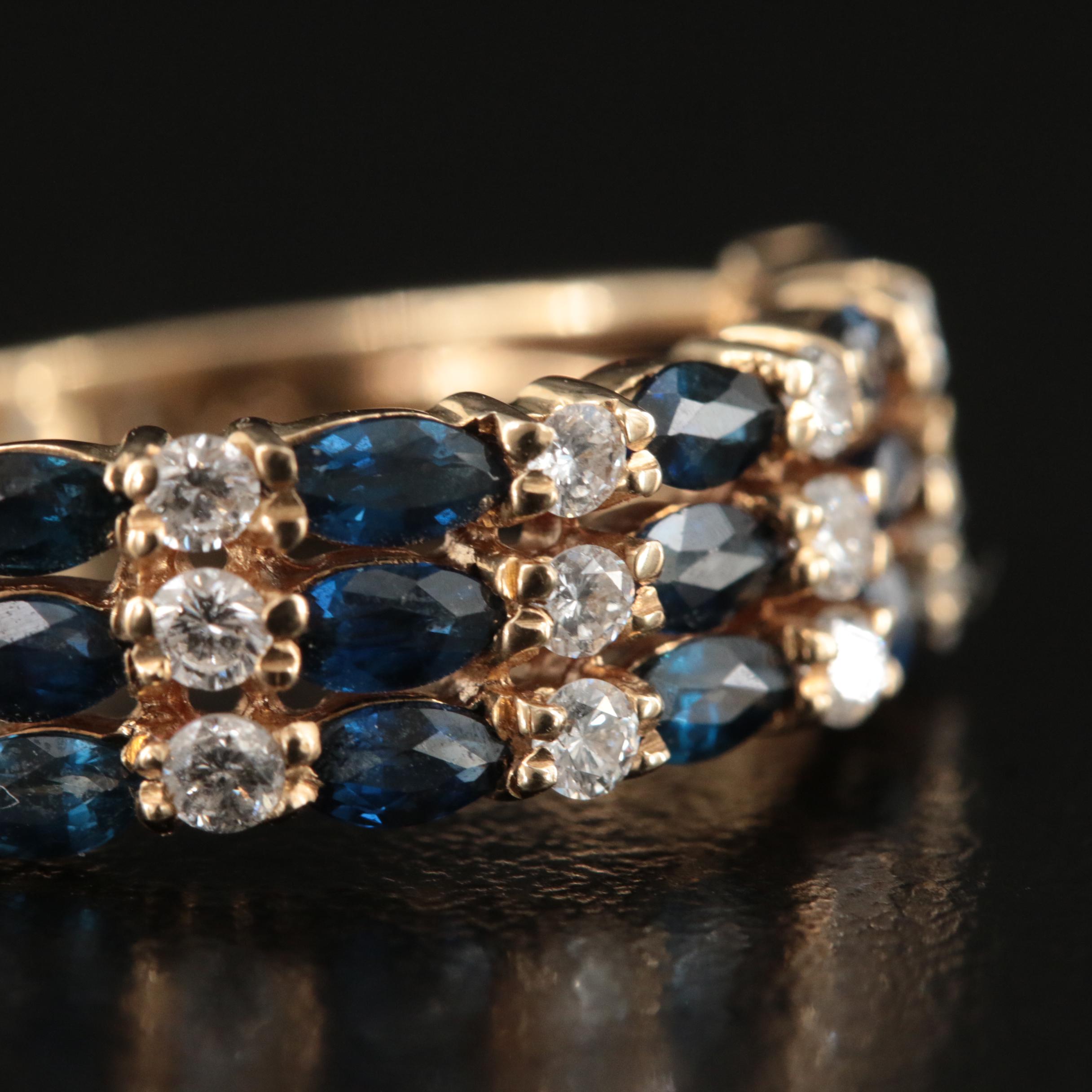 14K Sapphire and Diamond Triple Row Ring