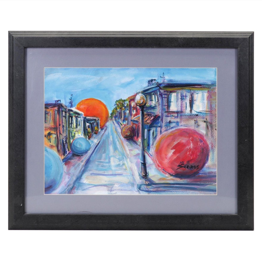 Mary Beth Schiros Folk Art Acrylic Painting of Colored Spheres on Sidewalks