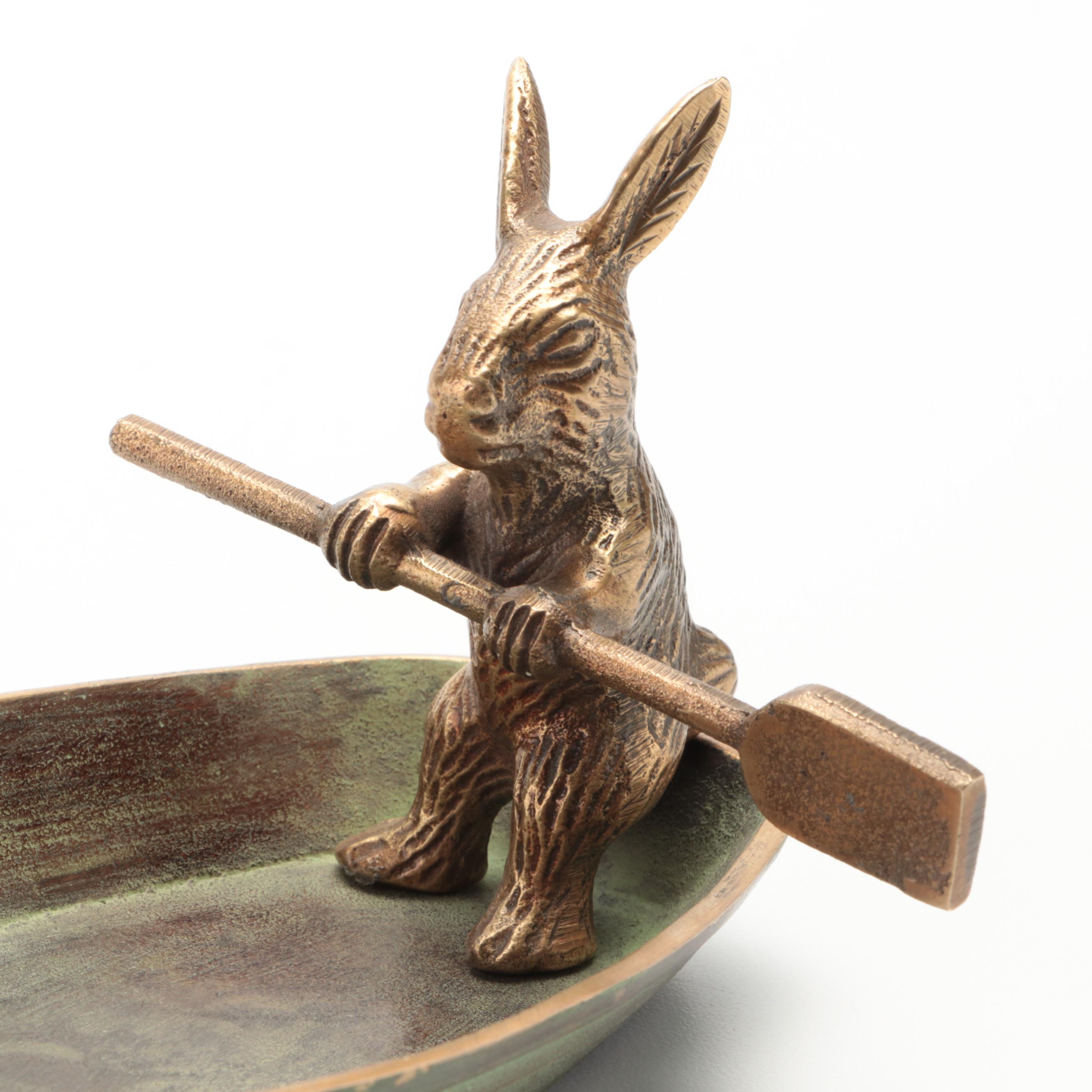 Brass and Cast Iron Rabbit In Rowboat Trinket Dish