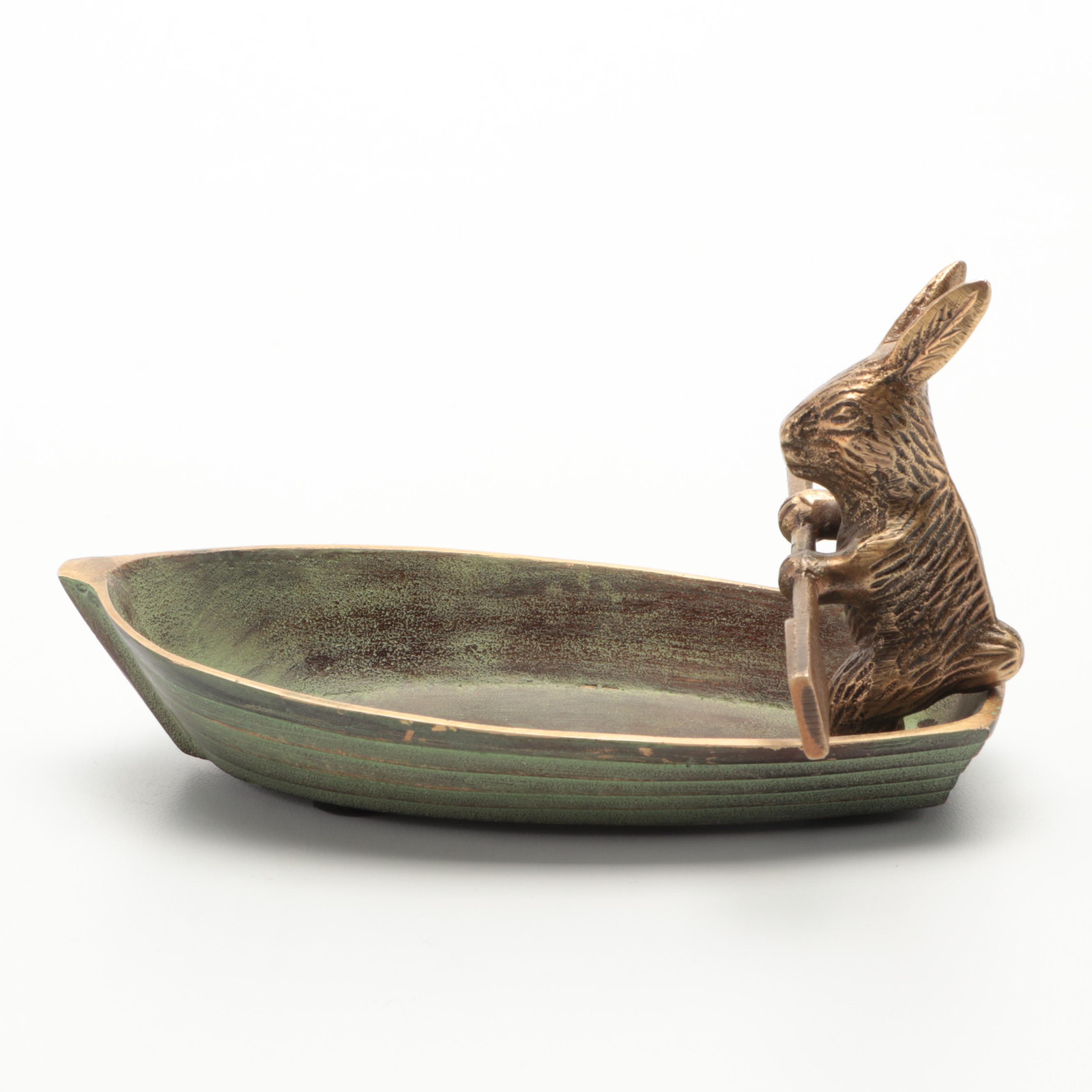 Brass and Cast Iron Rabbit In Rowboat Trinket Dish