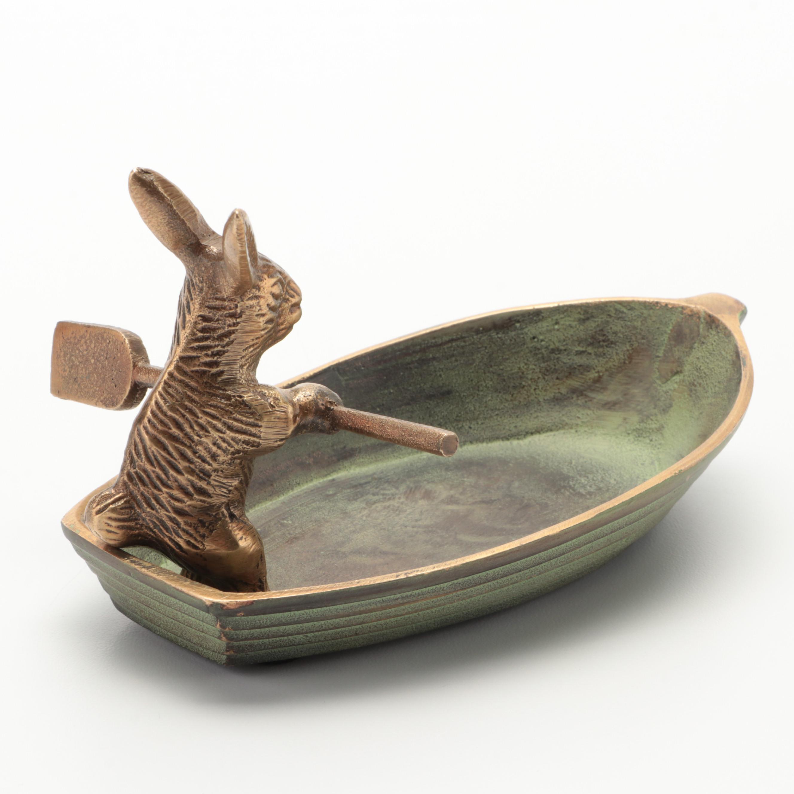 Brass and Cast Iron Rabbit In Rowboat Trinket Dish