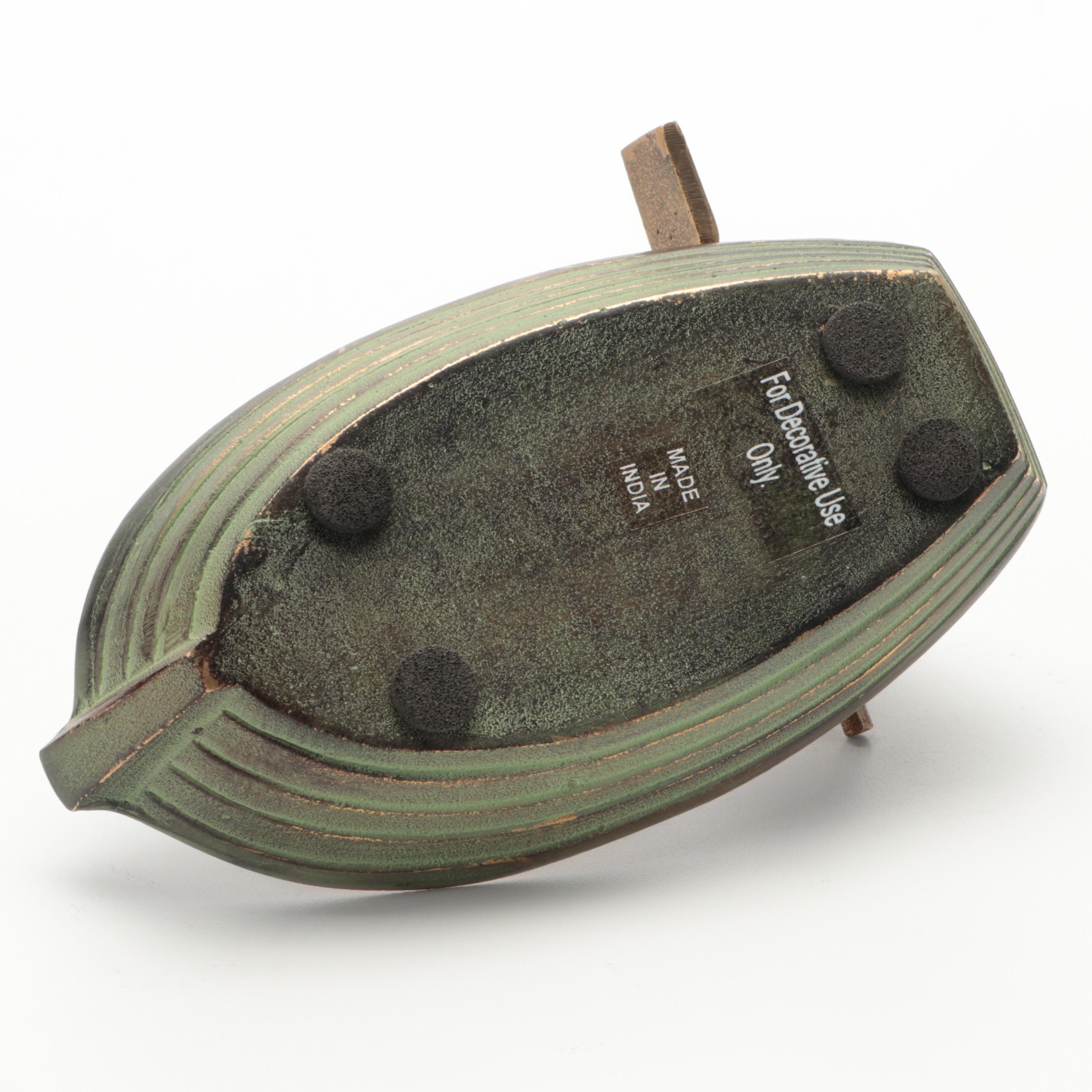 Brass and Cast Iron Rabbit In Rowboat Trinket Dish