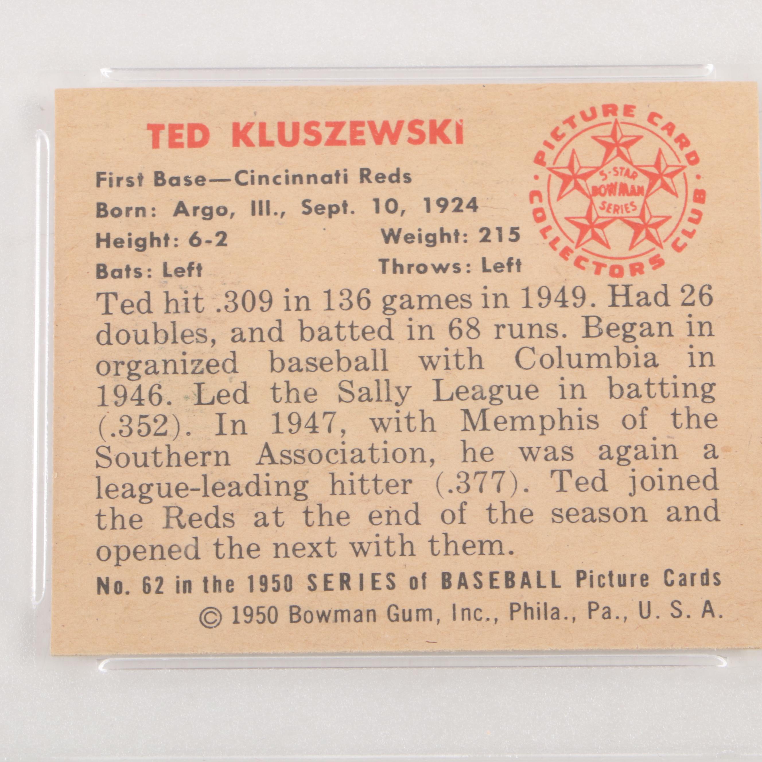 1950 Bowman Baseball Cards with Ted Kluszewski Graded PSA 8 Near Mint