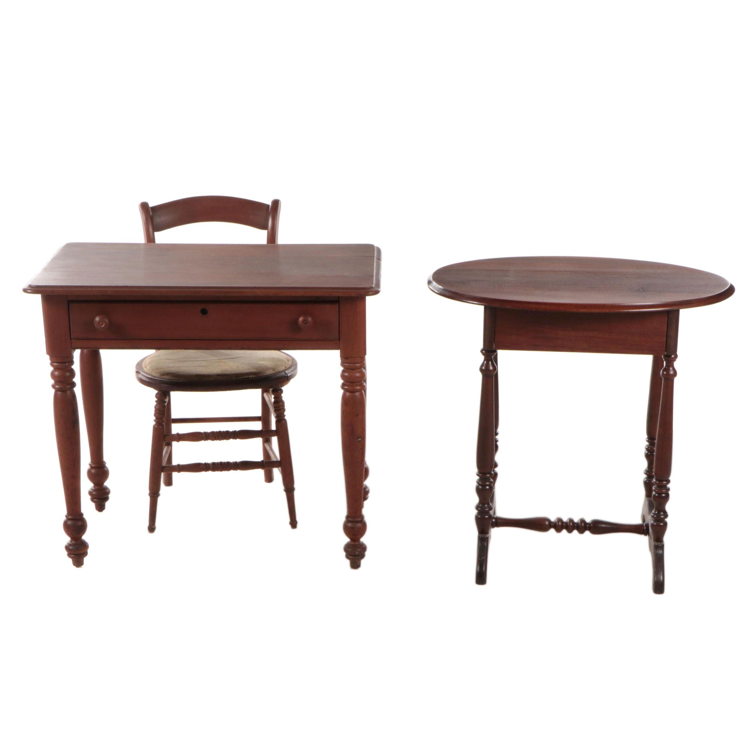 Victorian Walnut Desk and Chair, Classical Style Walnut Table and Iron Footstool