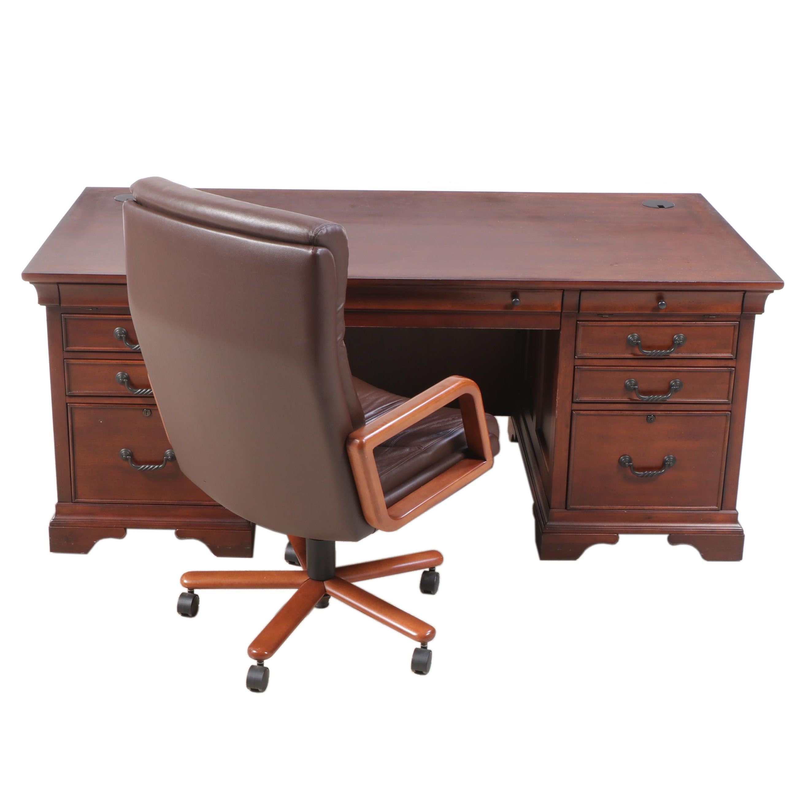 Mahogany-Stained Executive Desk with Global Upholstery Adjustable Chair