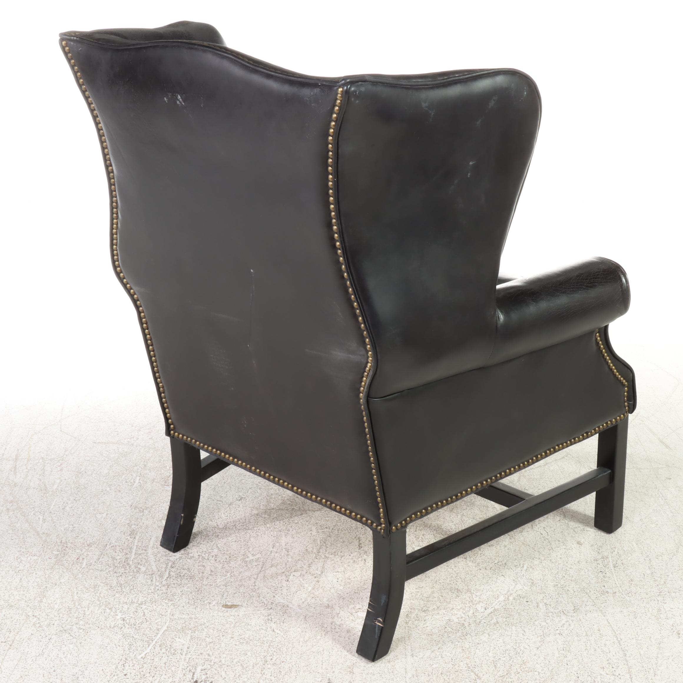 Federal Style Ebonized Wood and Black Leather Wingback Armchair with Nailheads