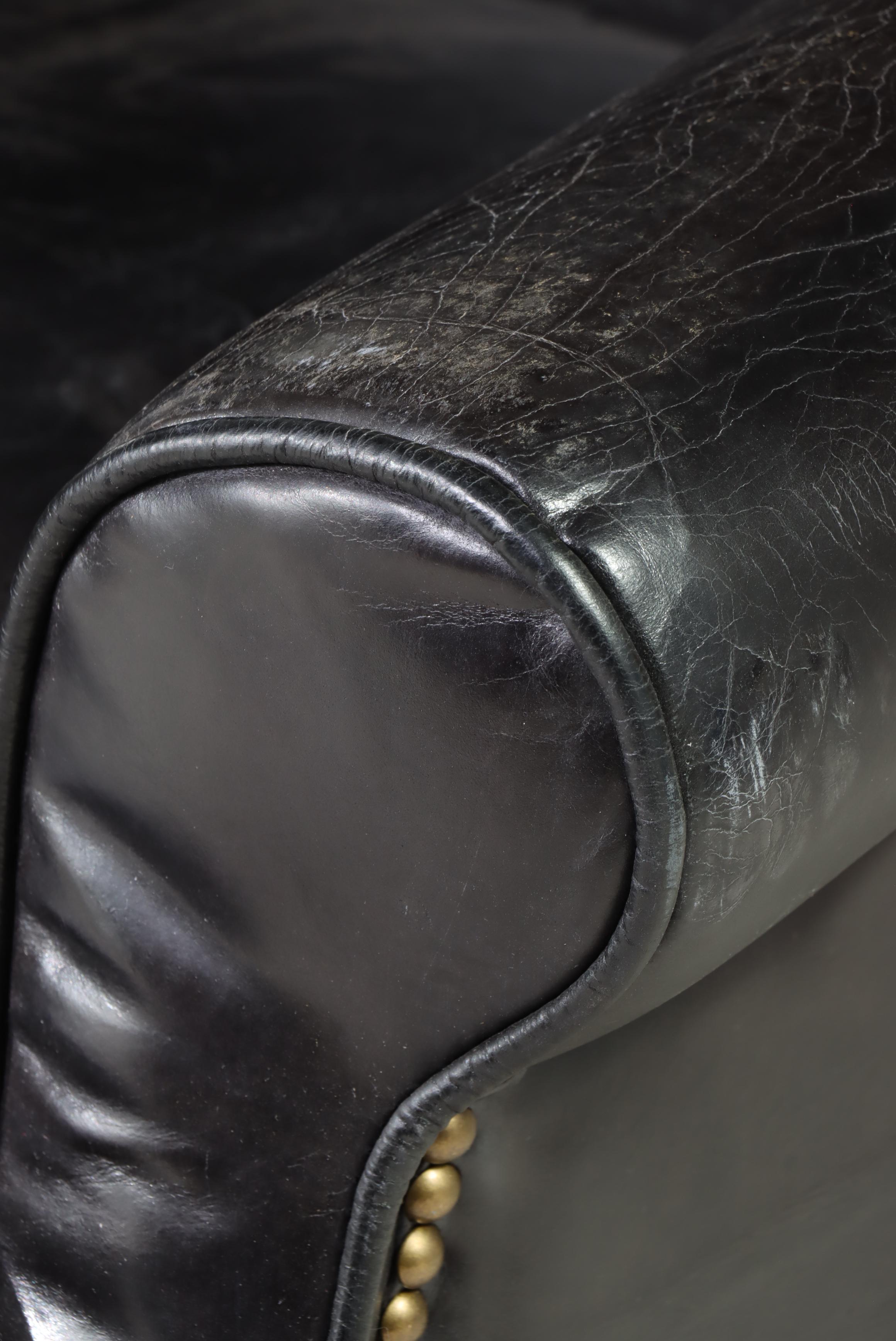 Federal Style Ebonized Wood and Black Leather Wingback Armchair with Nailheads