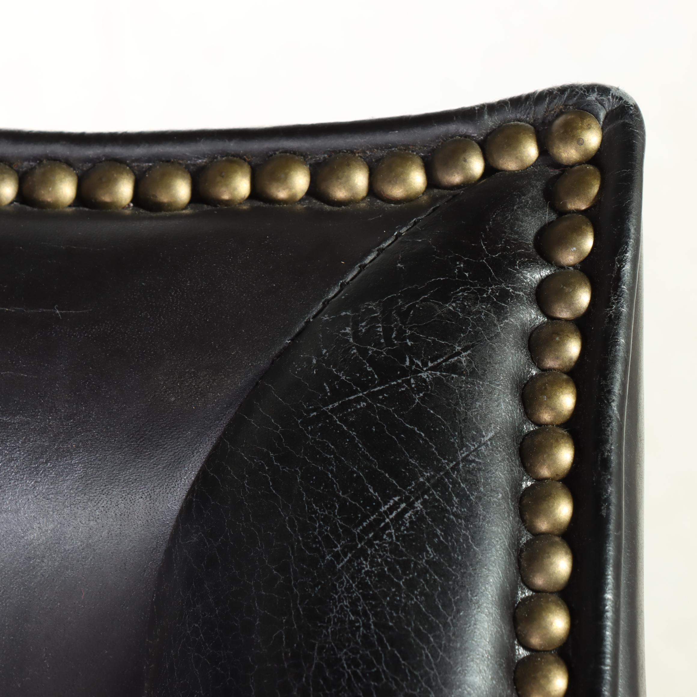 Federal Style Ebonized Wood and Black Leather Wingback Armchair with Nailheads