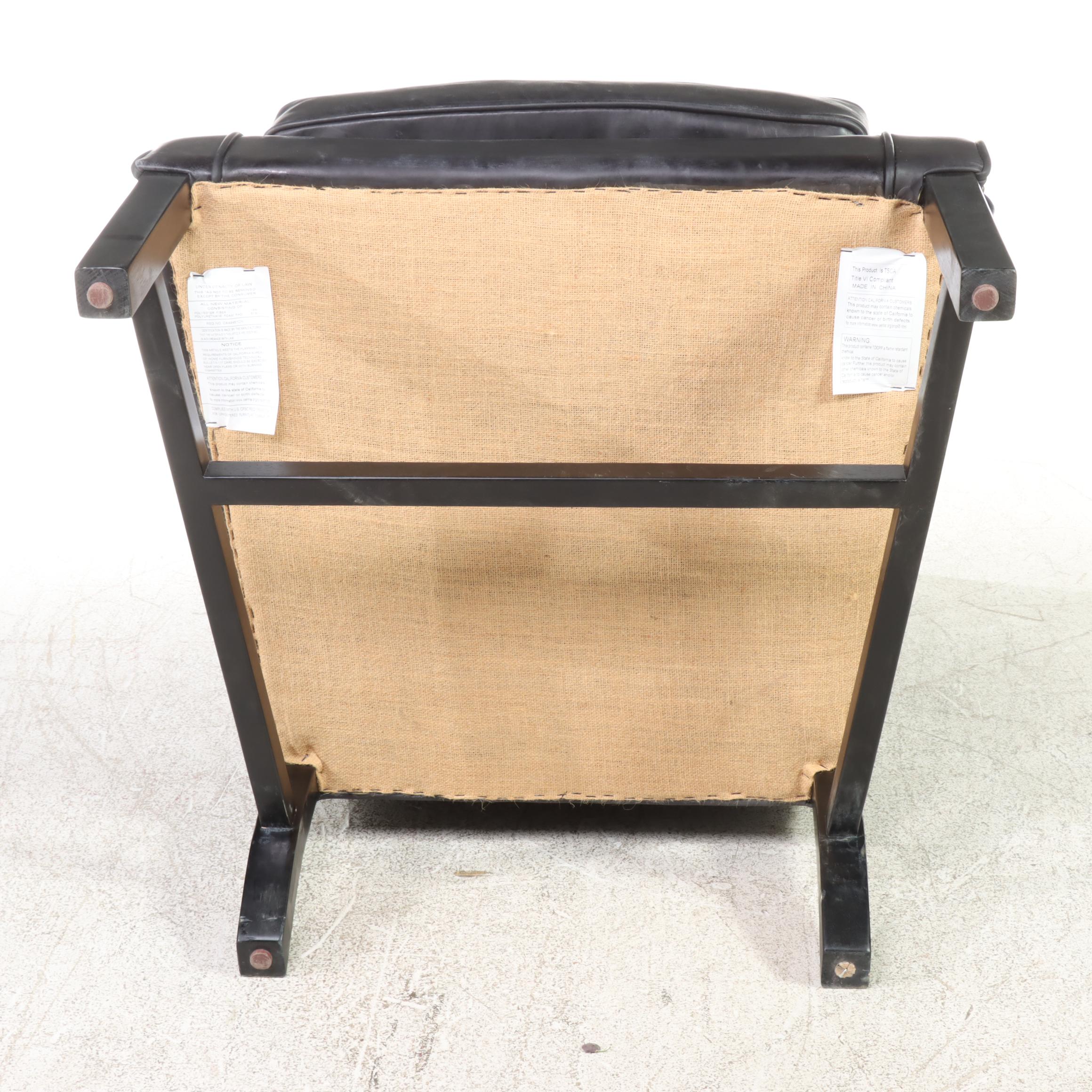 Federal Style Ebonized Wood and Black Leather Wingback Armchair with Nailheads