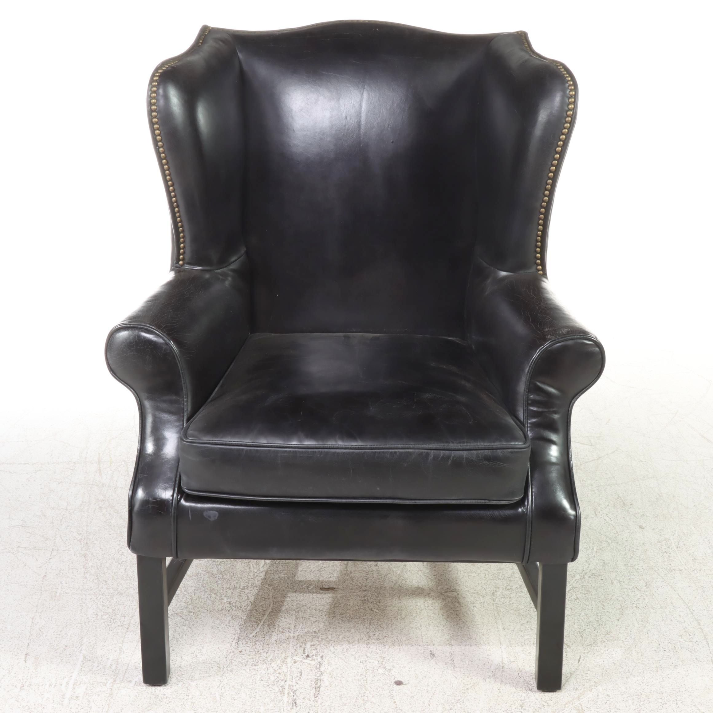Federal Style Ebonized Wood and Black Leather Wingback Armchair with Nailheads