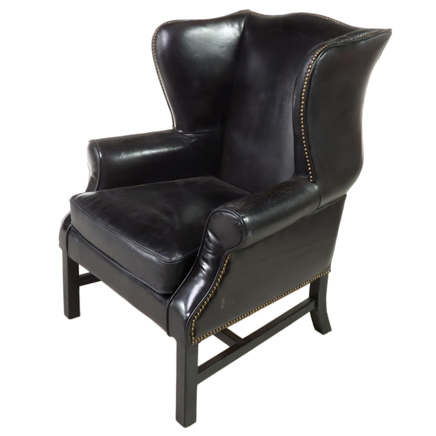 Federal Style Ebonized Wood and Black Leather Wingback Armchair with Nailheads