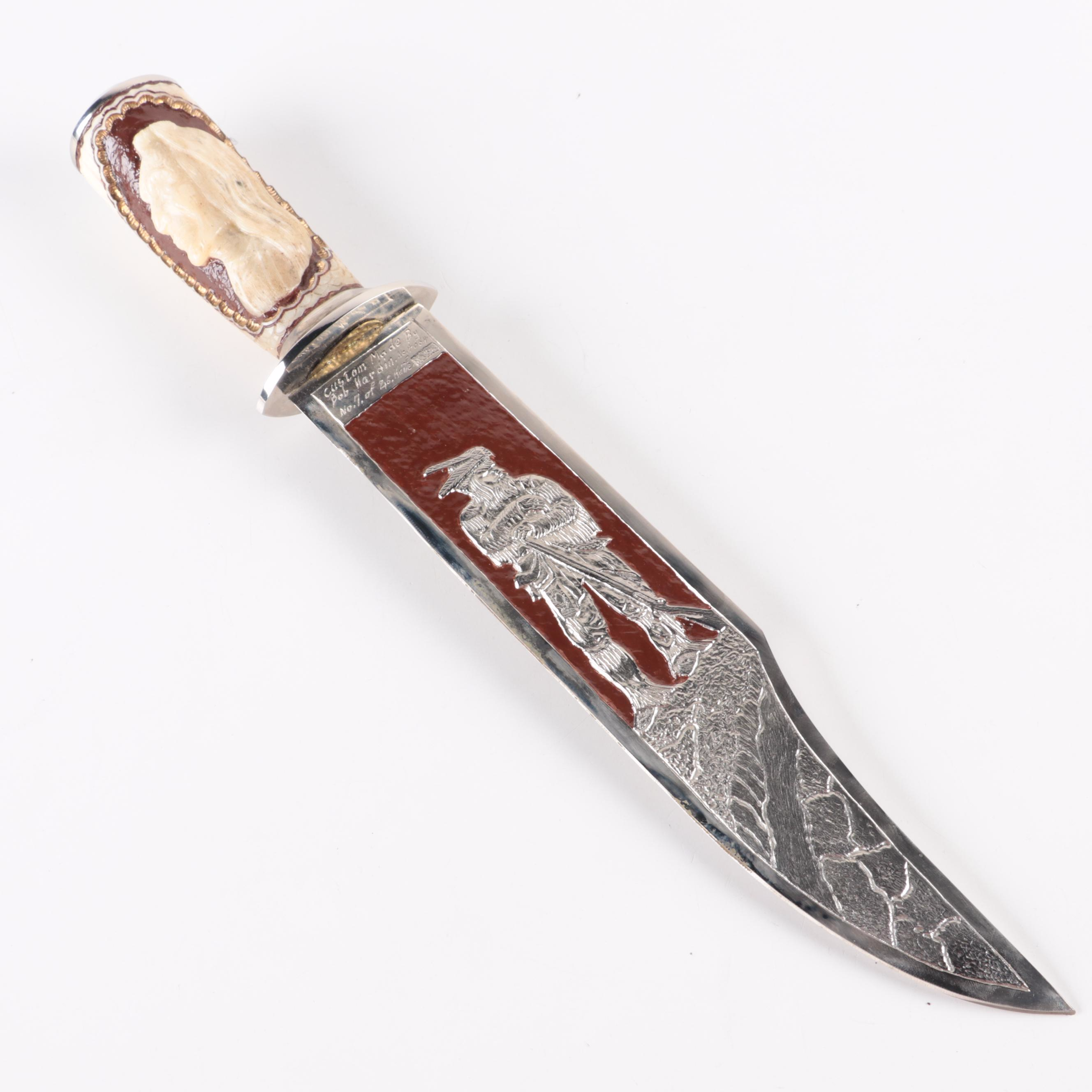 Bob Hardin Handcrafted Native American Theme Bowie Knife with Scabbard, 1990