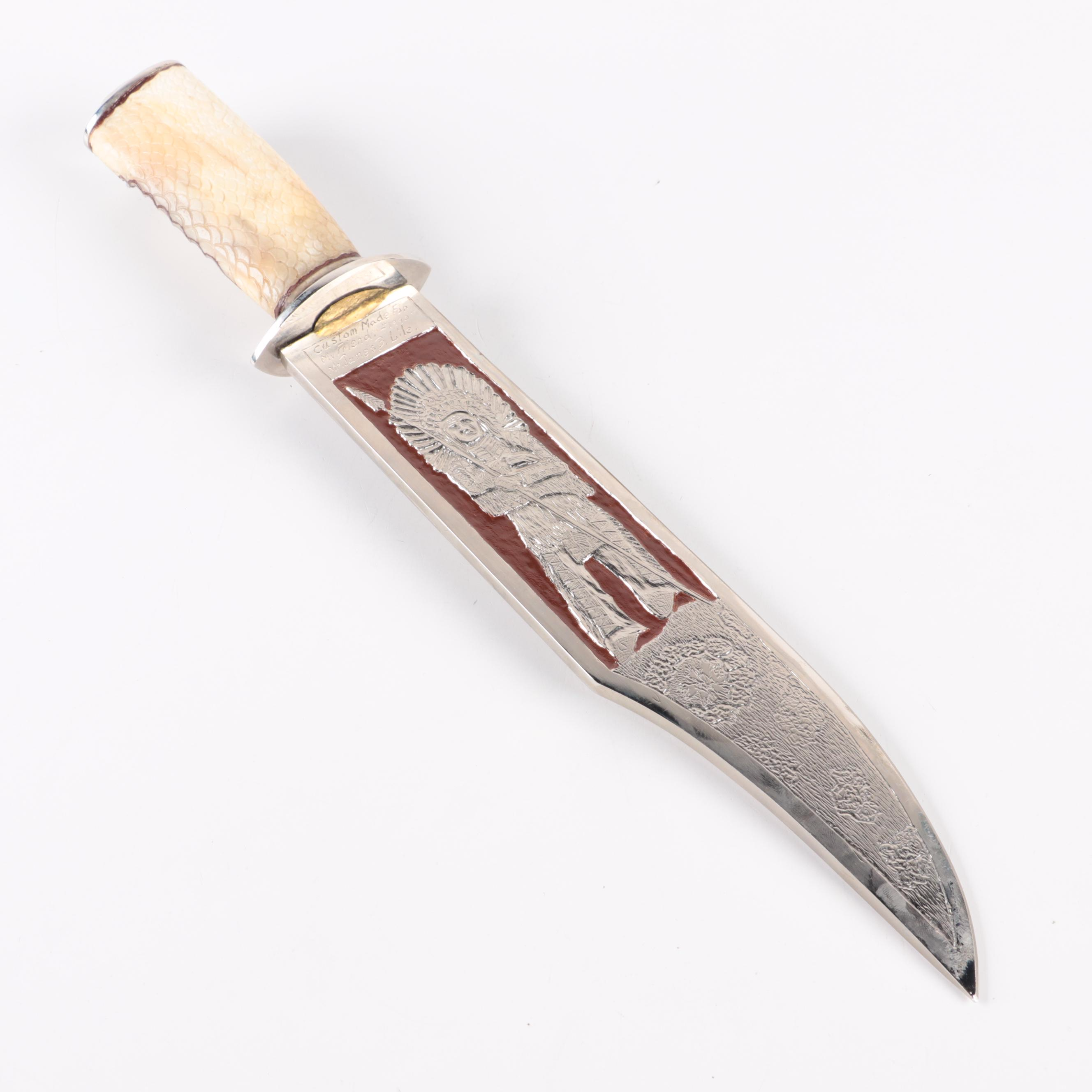 Bob Hardin Handcrafted Native American Theme Bowie Knife with Scabbard, 1990