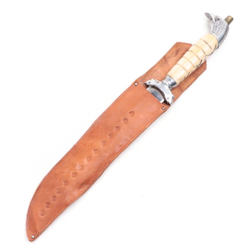 Mexican Bone-Handled Bowie Knife with Leather Scabbard