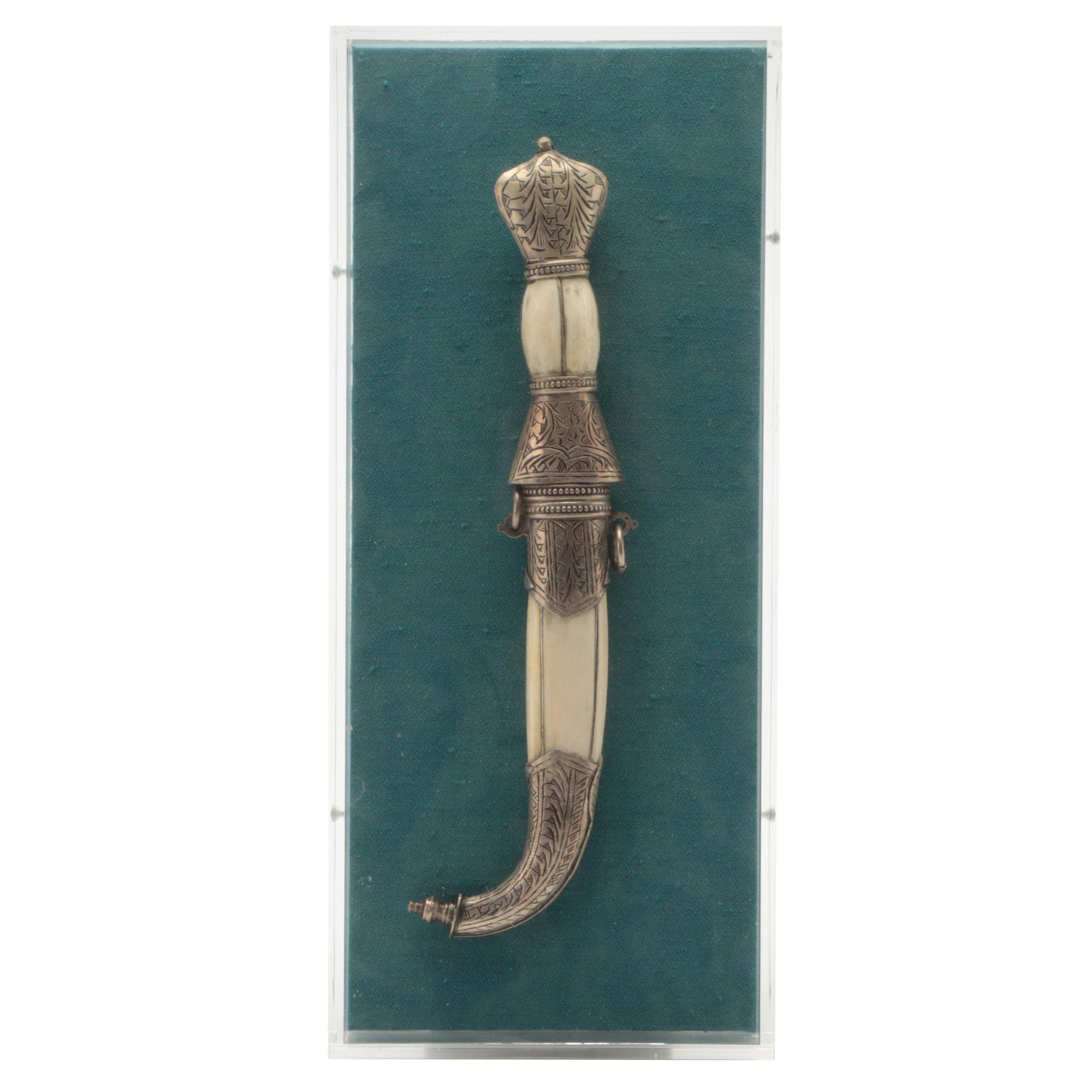 Moroccan Silvered Metal and Bone Jambiya Dagger in Acrylic Wall Case