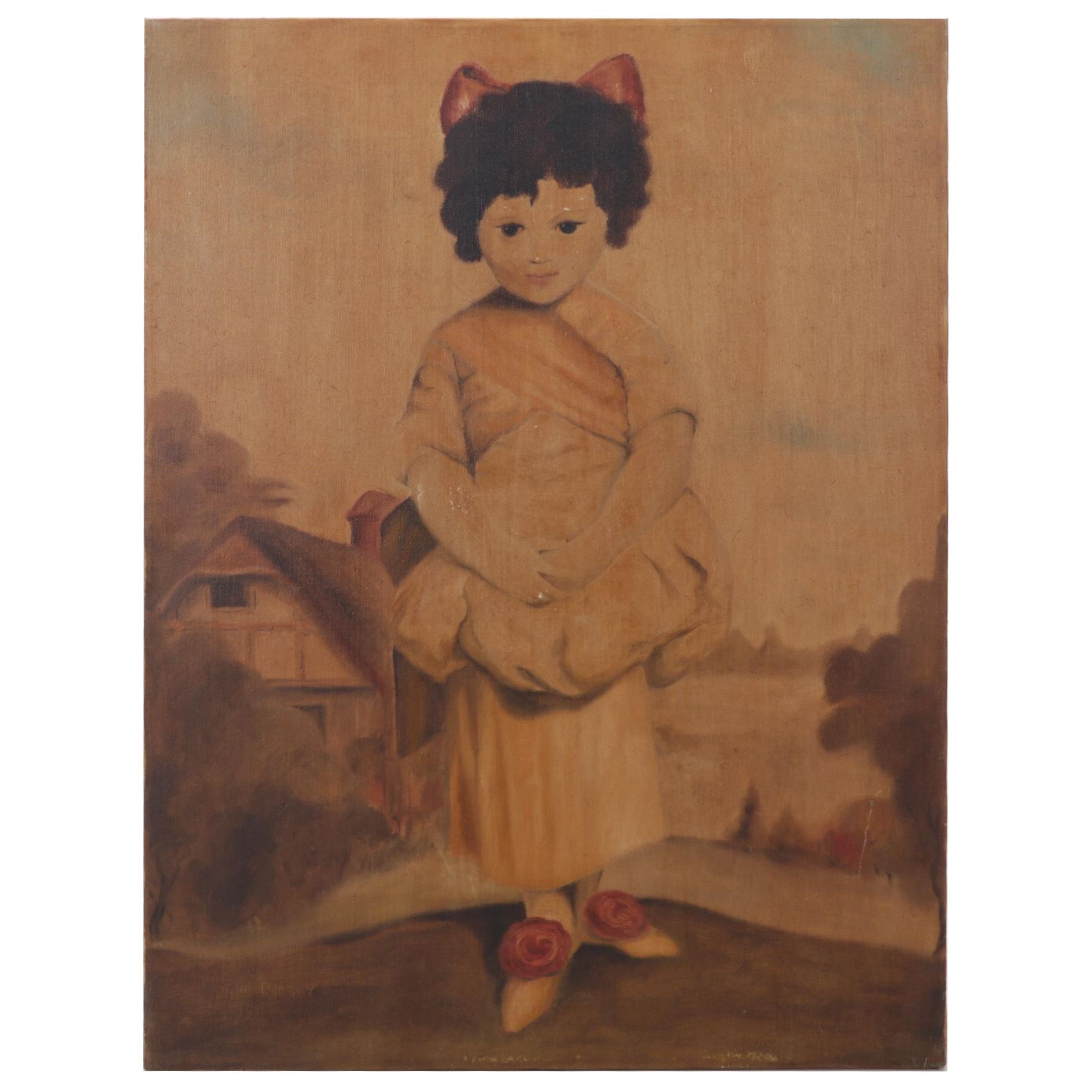 William Rigsby Folk Art Portrait Oil Painting of Young Girl, 1964
