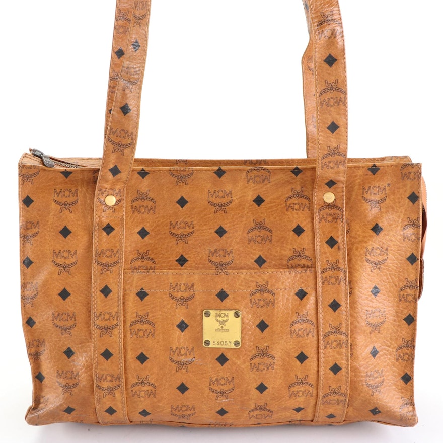 MCM Visetos Cognac Leather Shoulder Tote