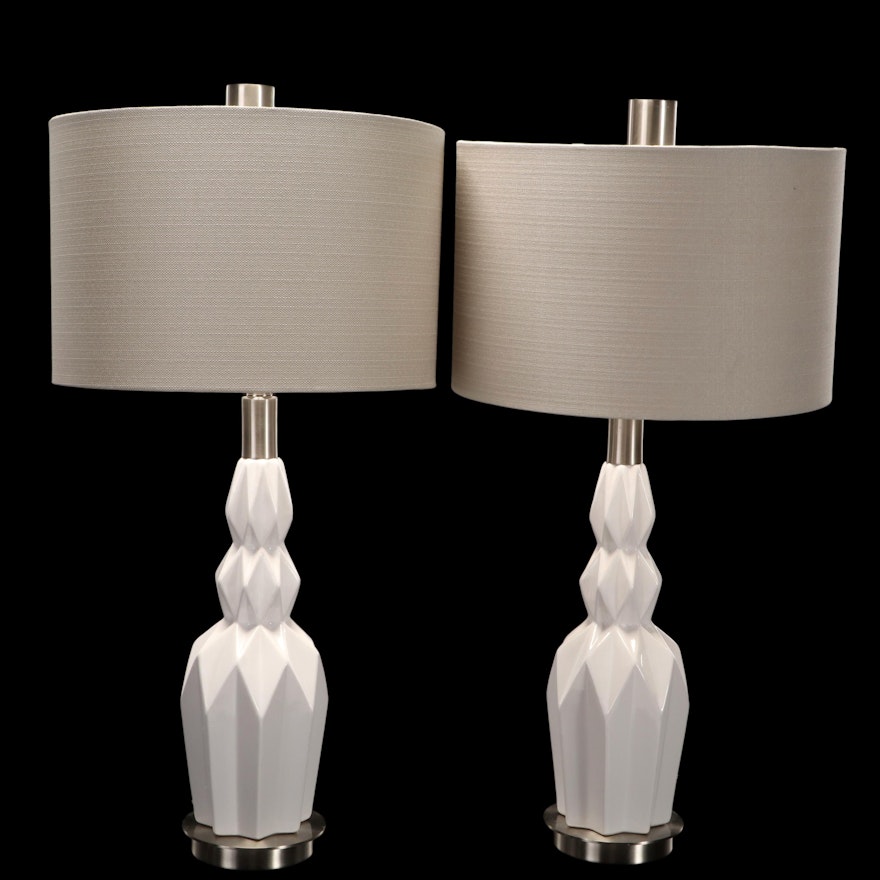 Uttermost "Cabret" White Ceramic Table Lamps With Grey Drum Shades, 2017