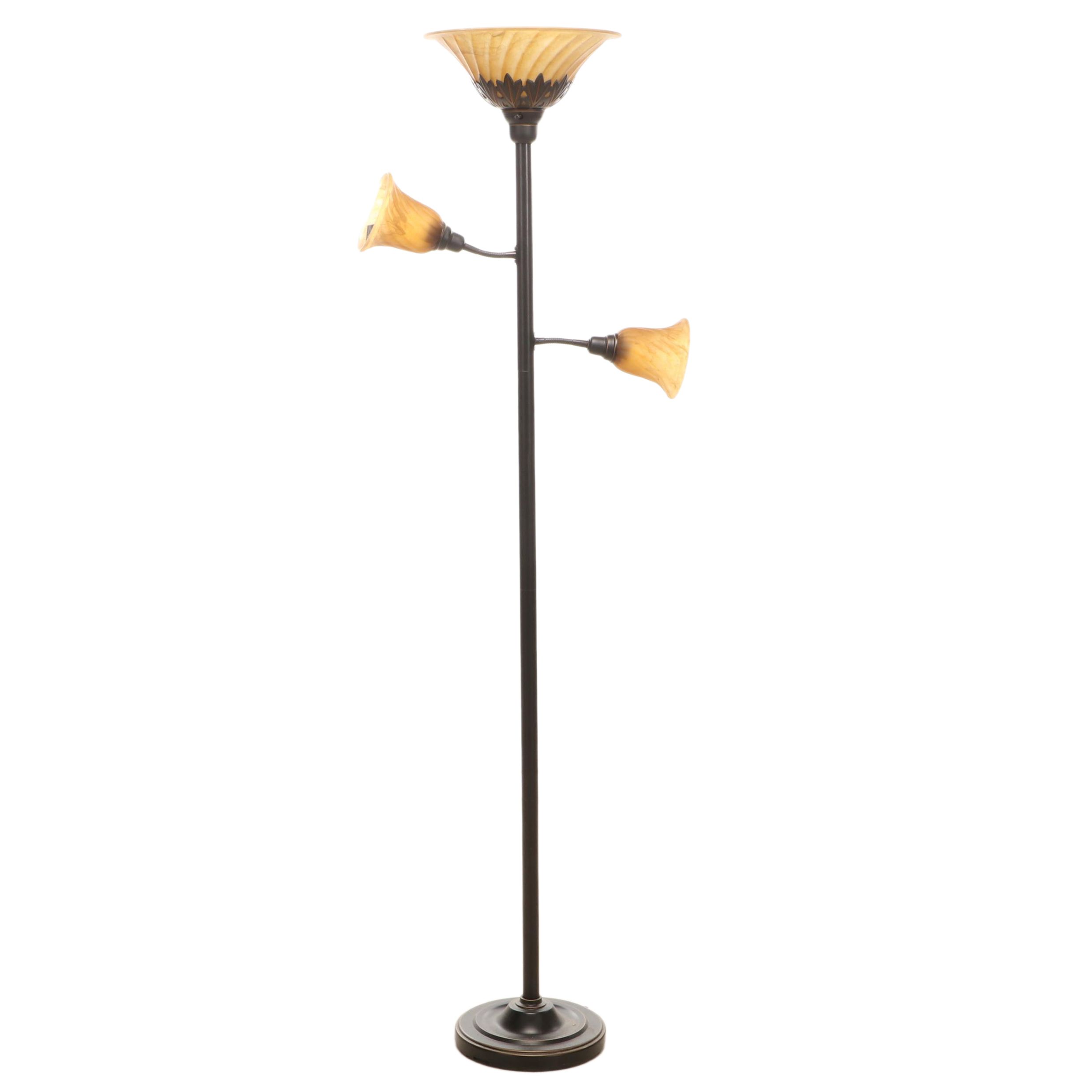 Amber Glass and Metal Torchiere Floor Lamp