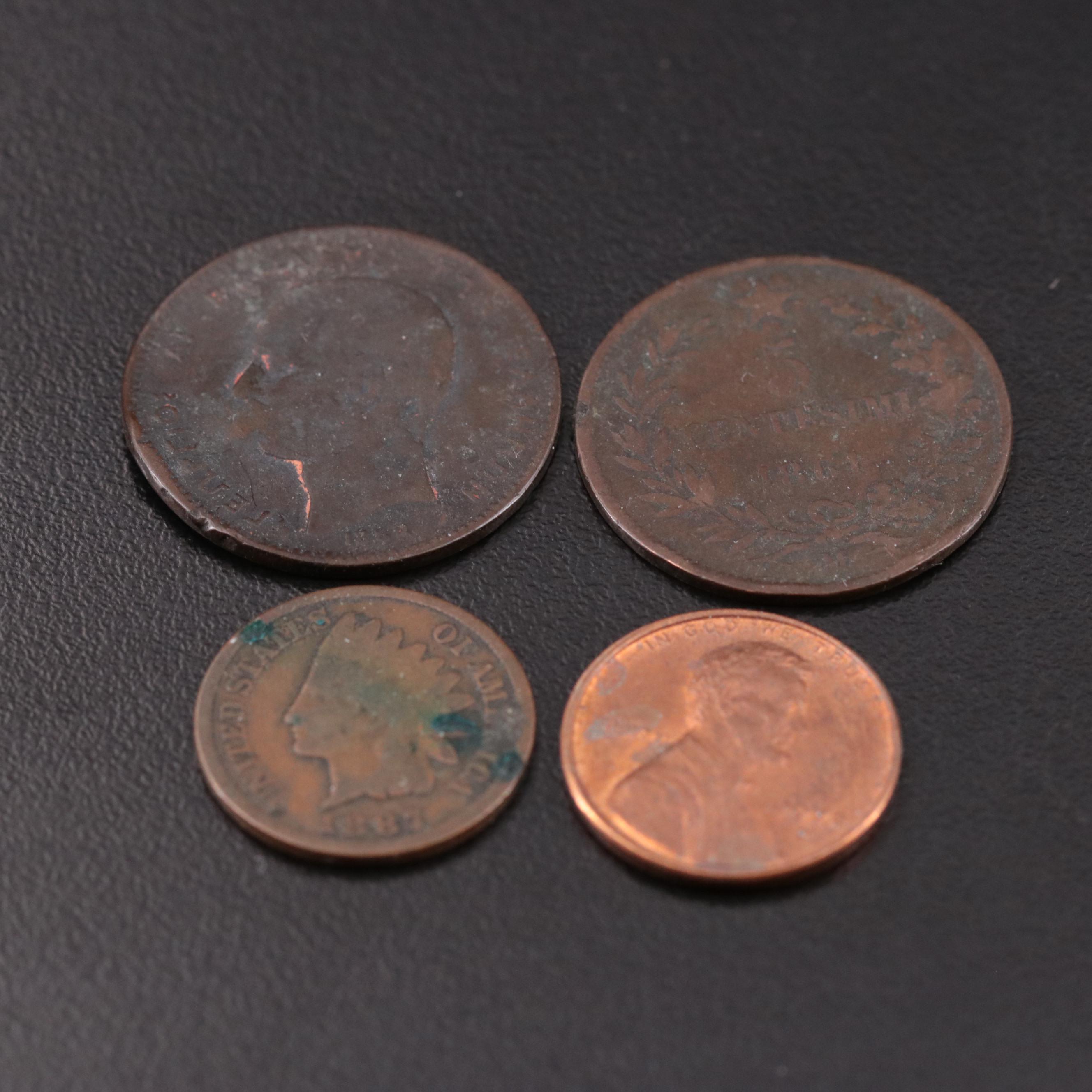 Group of Four Copper Coins Including 1887 Indian Cent