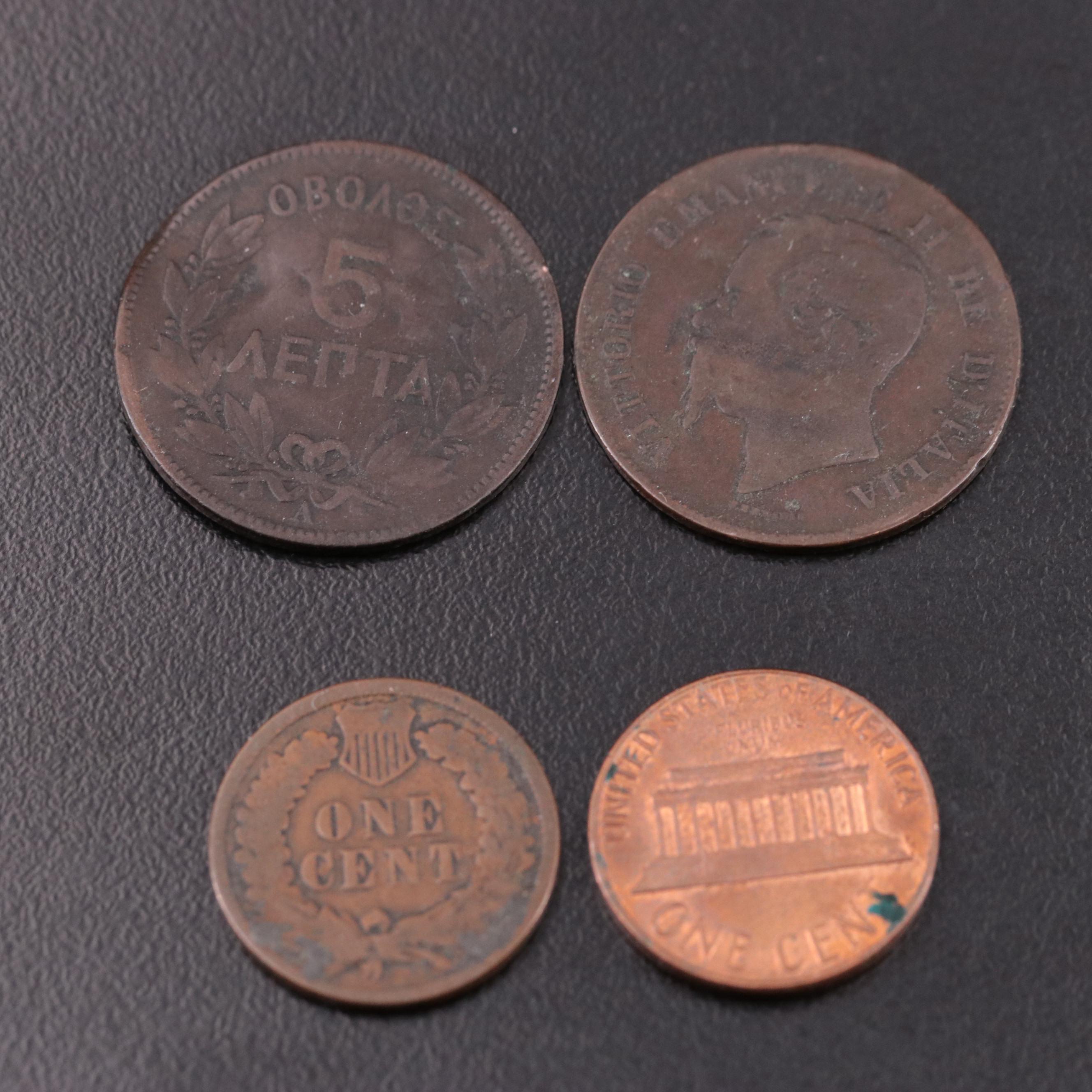 Group of Four Copper Coins Including 1887 Indian Cent