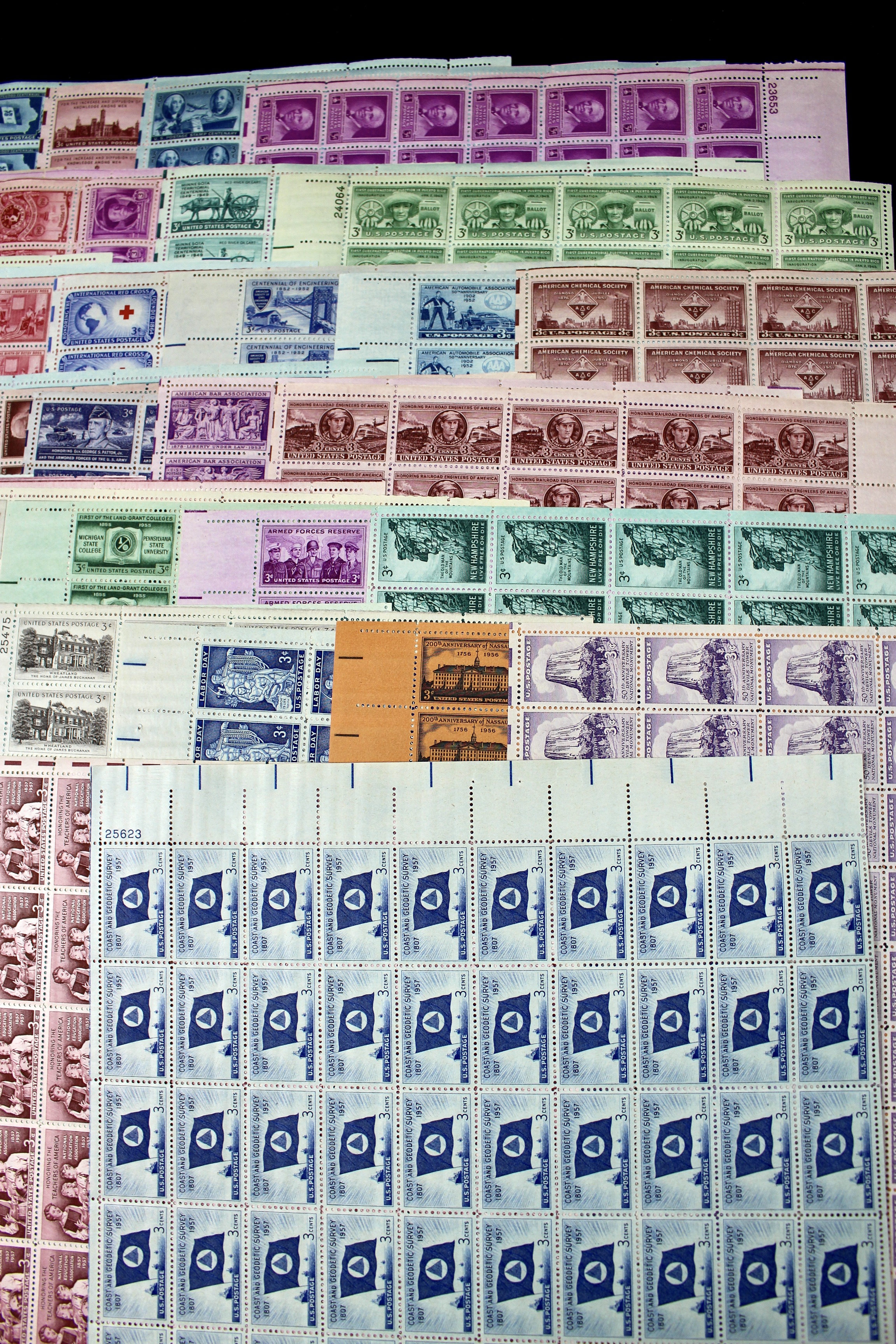 Sixty-Four Different U.S. 3-Cent Postage Stamp Sheets, 1940s and 1950s